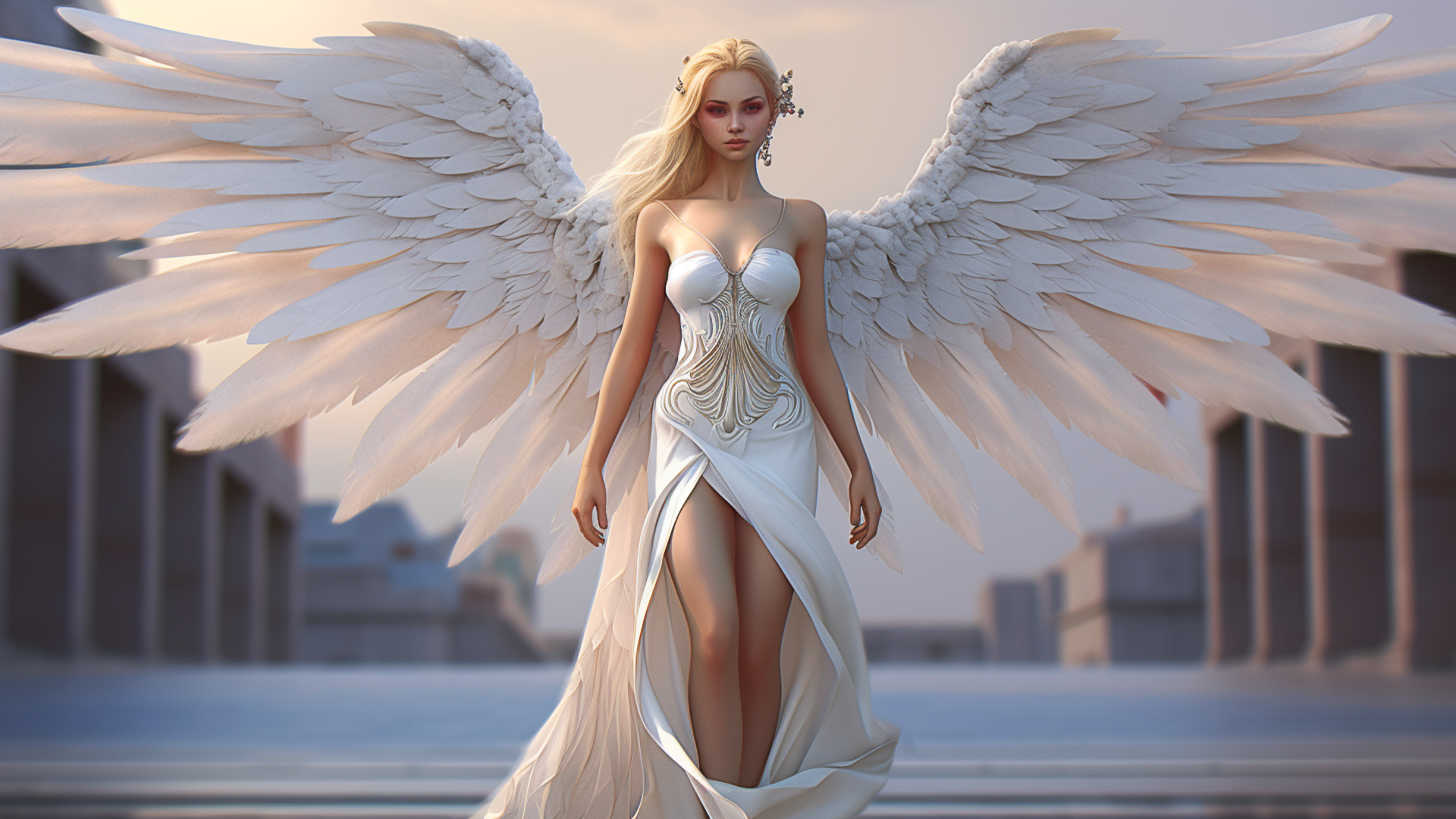 General 1920x1080 AI art angel wings blonde women dress looking at viewer long hair angel wings