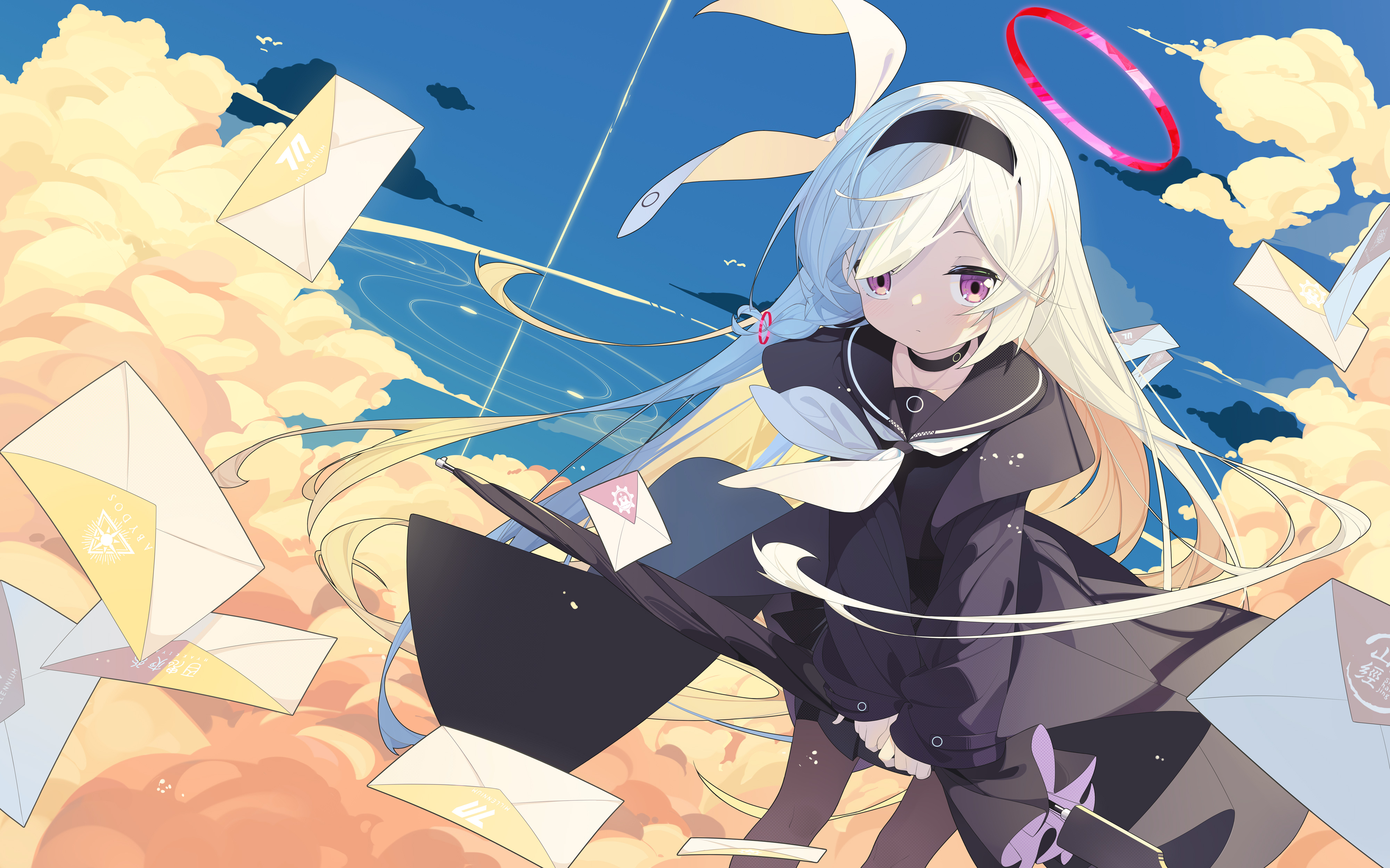 Anime 4000x2500 Blue Archive anime girls white hair black dress Plana (Blue Archive) long hair choker schoolgirl school uniform looking at viewer halo sky clouds letter two tone hair