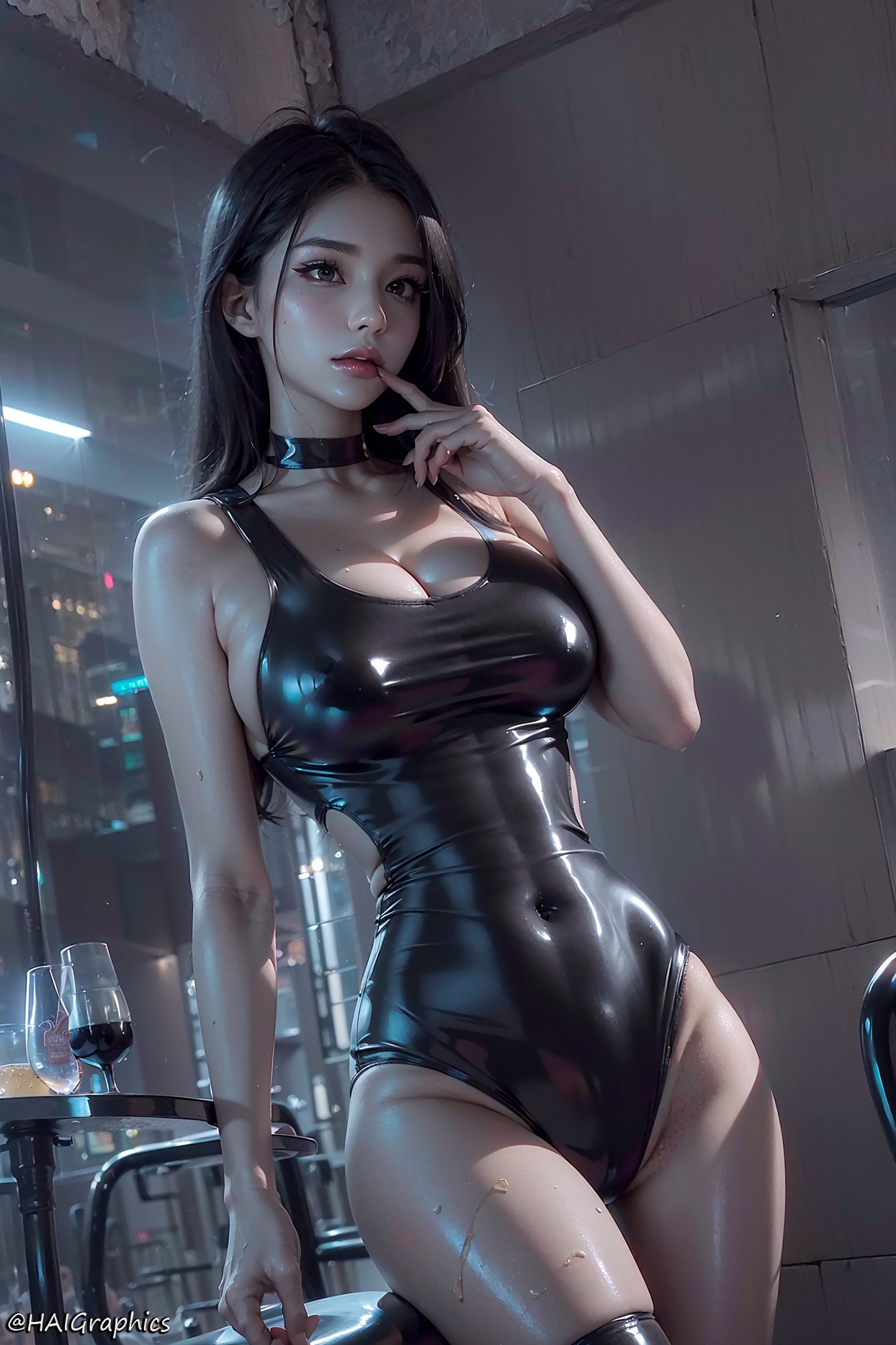 General 1244x1867 AI art Stable Diffusion women Asian portrait display big boobs thighs long hair choker swimwear one-piece swimsuit looking at viewer HAIGraphics