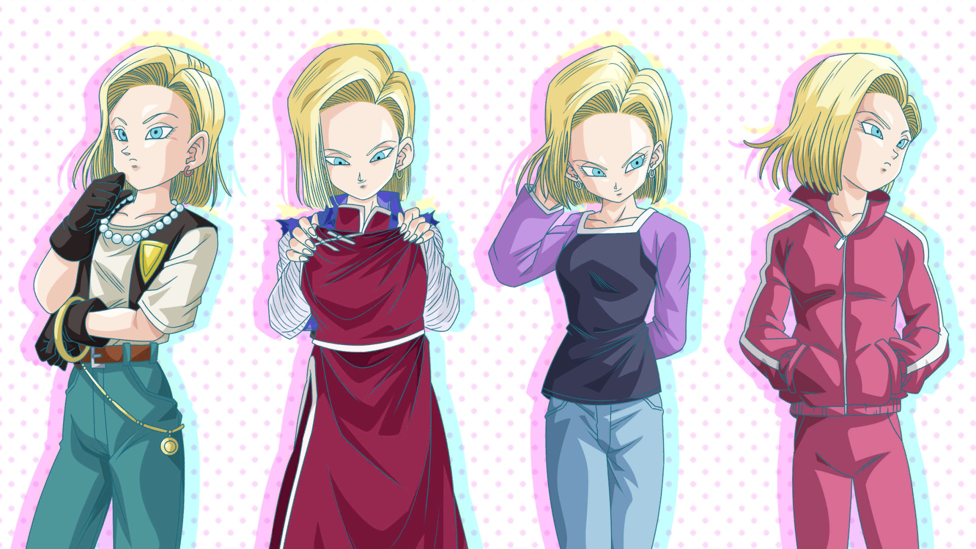 Anime 1920x1080 Dragon Ball Dragon Ball Xenoverse 2 Android 18 blonde earring gloves hands in pockets anime girls minimalism simple background pearl necklace video game art