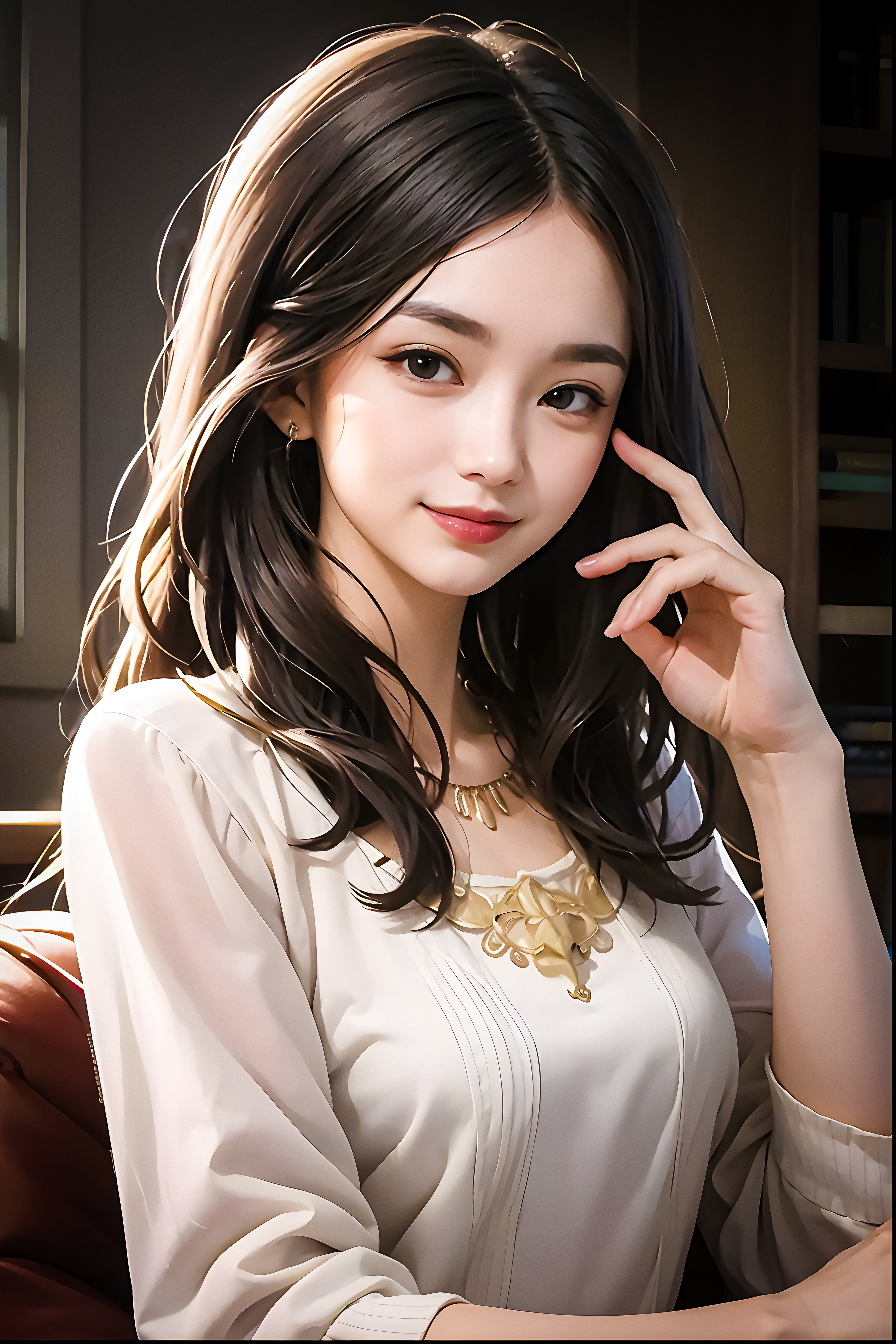 General 3891x5837 long hair dark hair portrait display smiling looking at viewer Asian women necklace AI art