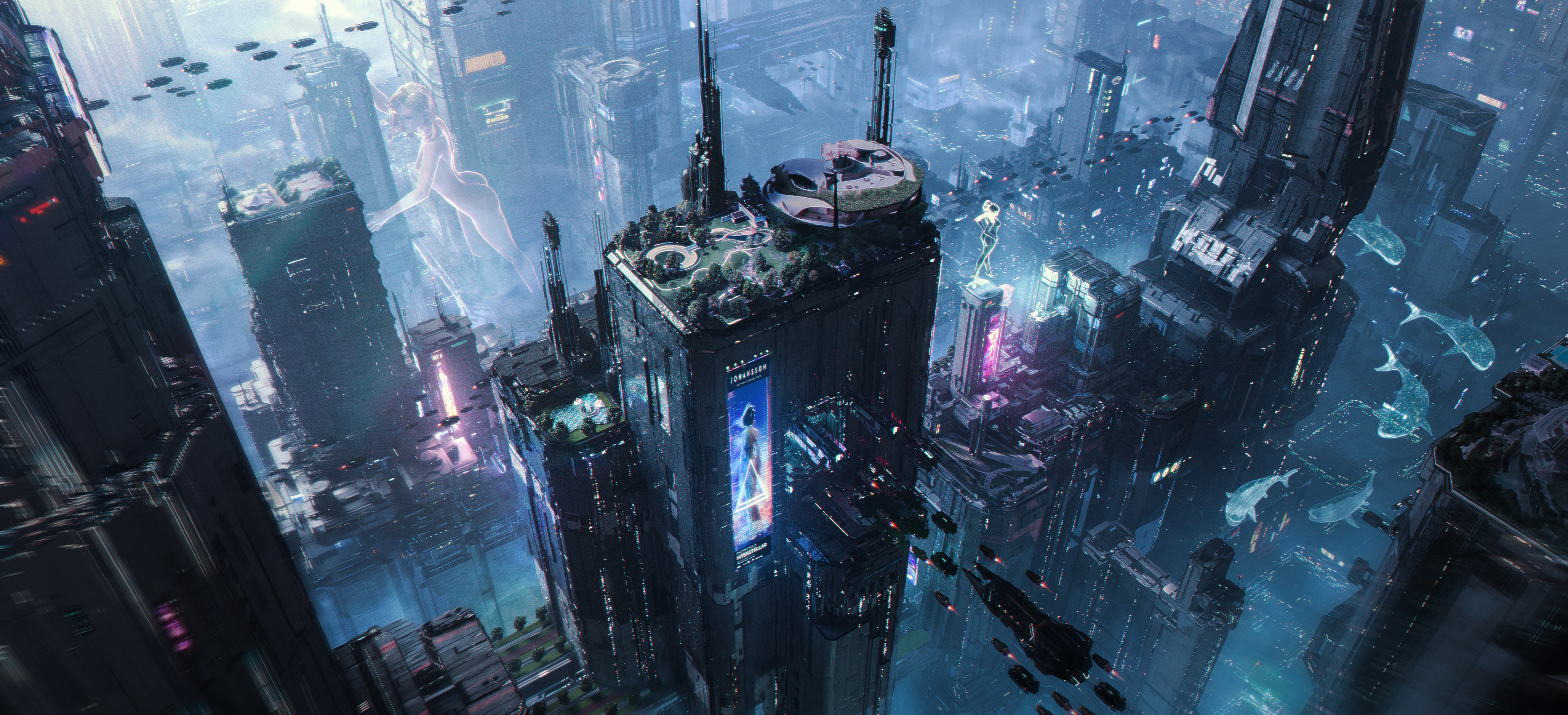 General 3840x1750 4K cyberpunk city futuristic cityscape building skyscraper digital art mechs