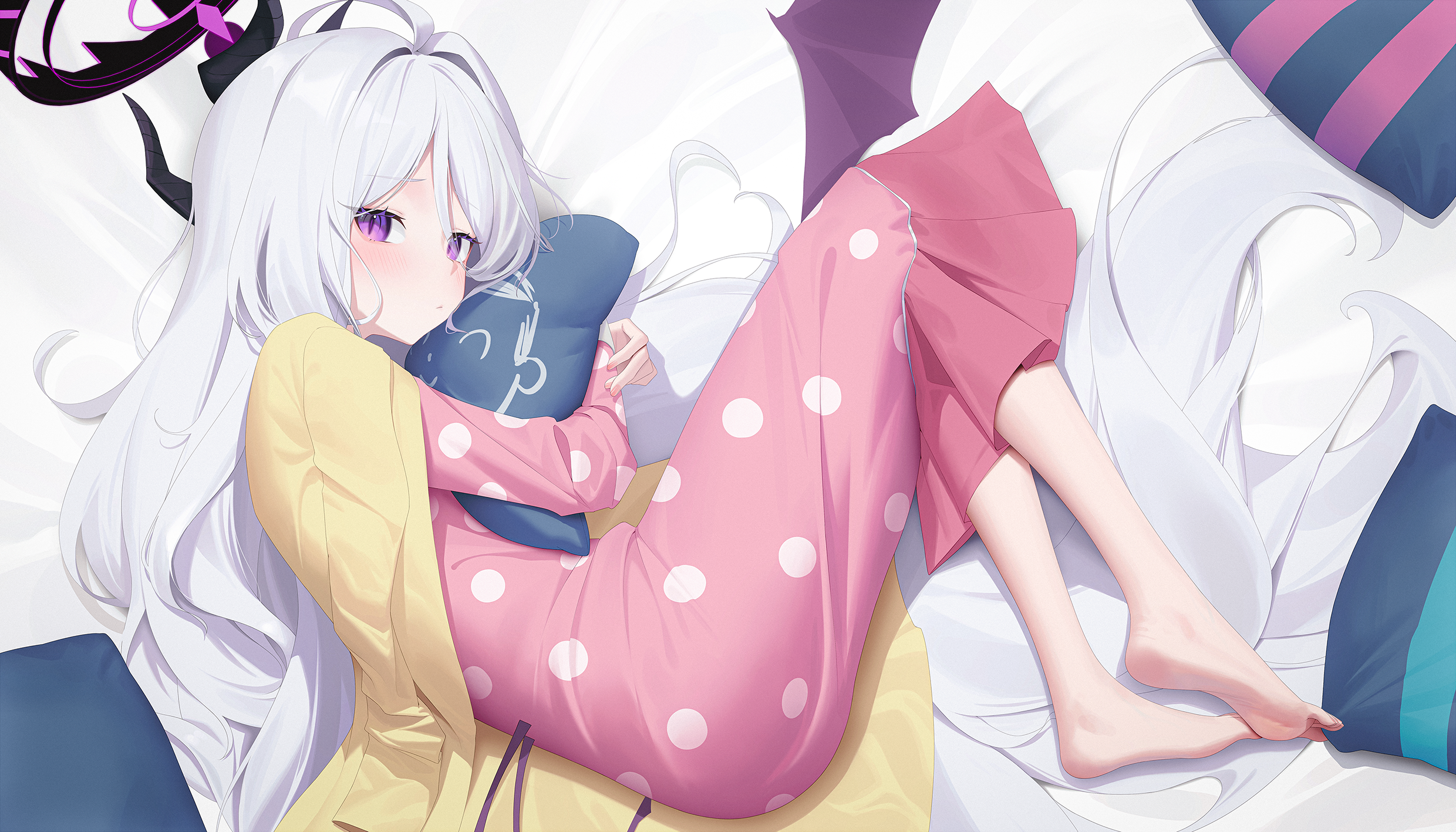 Anime 2480x1417 anime anime girls pyjamas long hair horns looking at viewer blushing pillow feet lying on side white hair