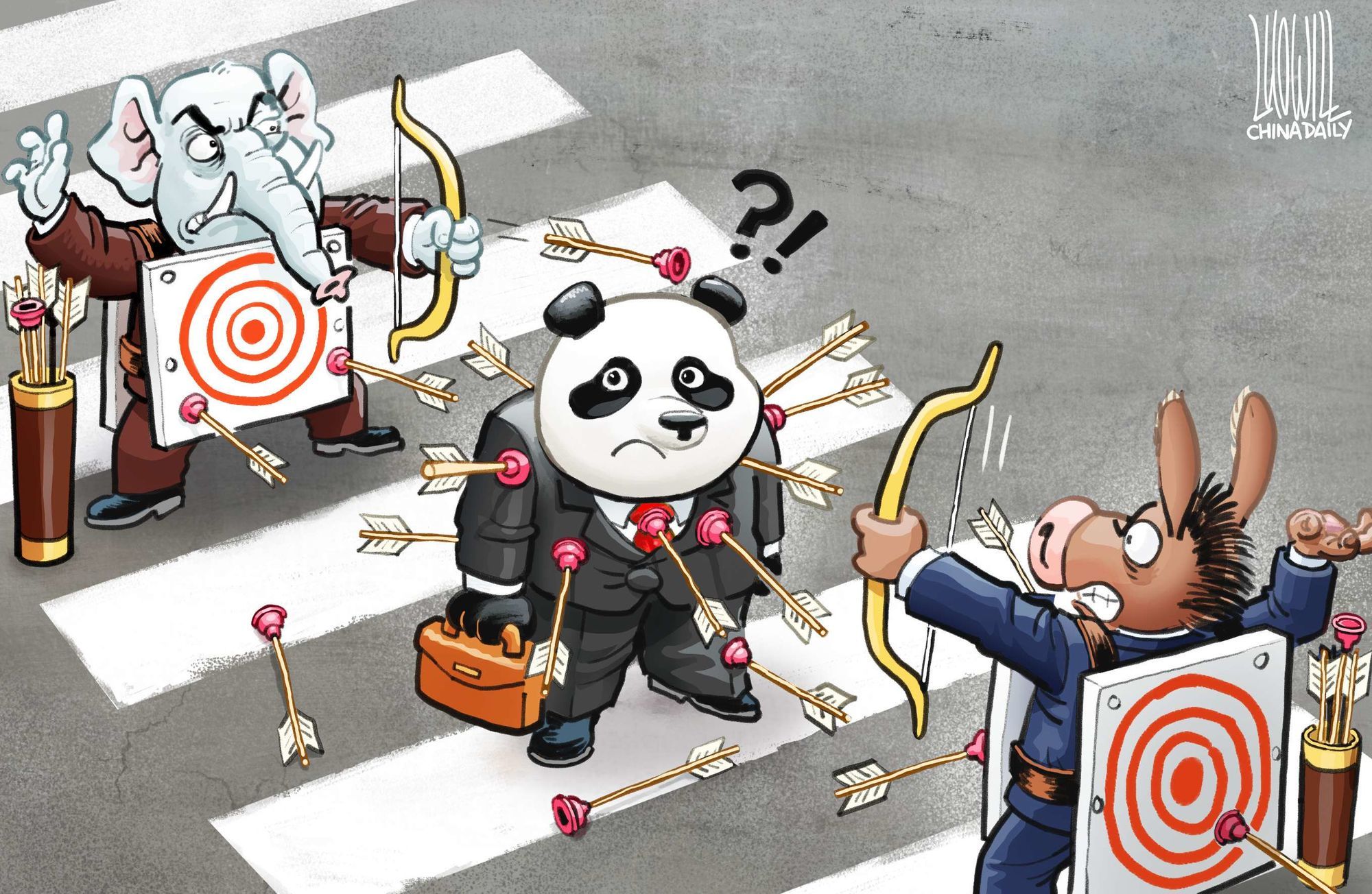 General 2000x1304 politics panda elephant bow and arrow targets donkey humor digital art watermarked