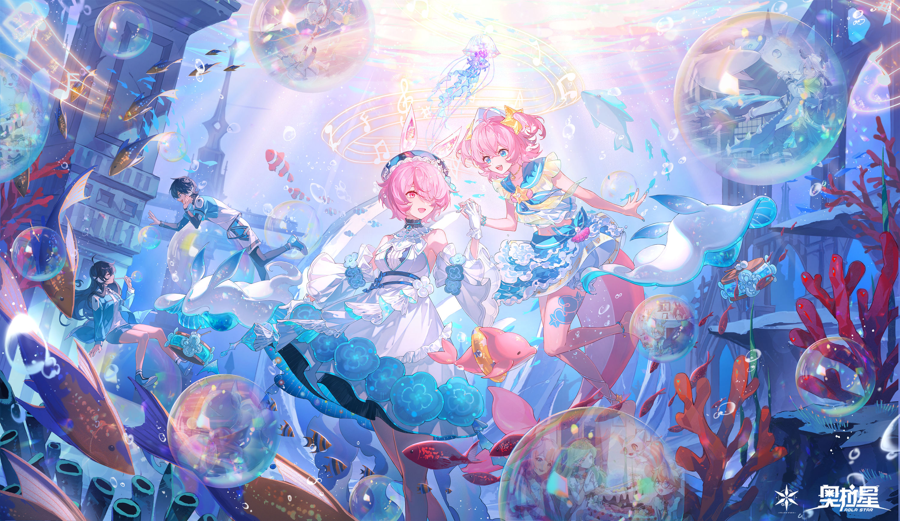 Anime 3000x1739 anime anime girls underwater water sunlight hair over one eye gloves fish bubbles musical notes animals coral