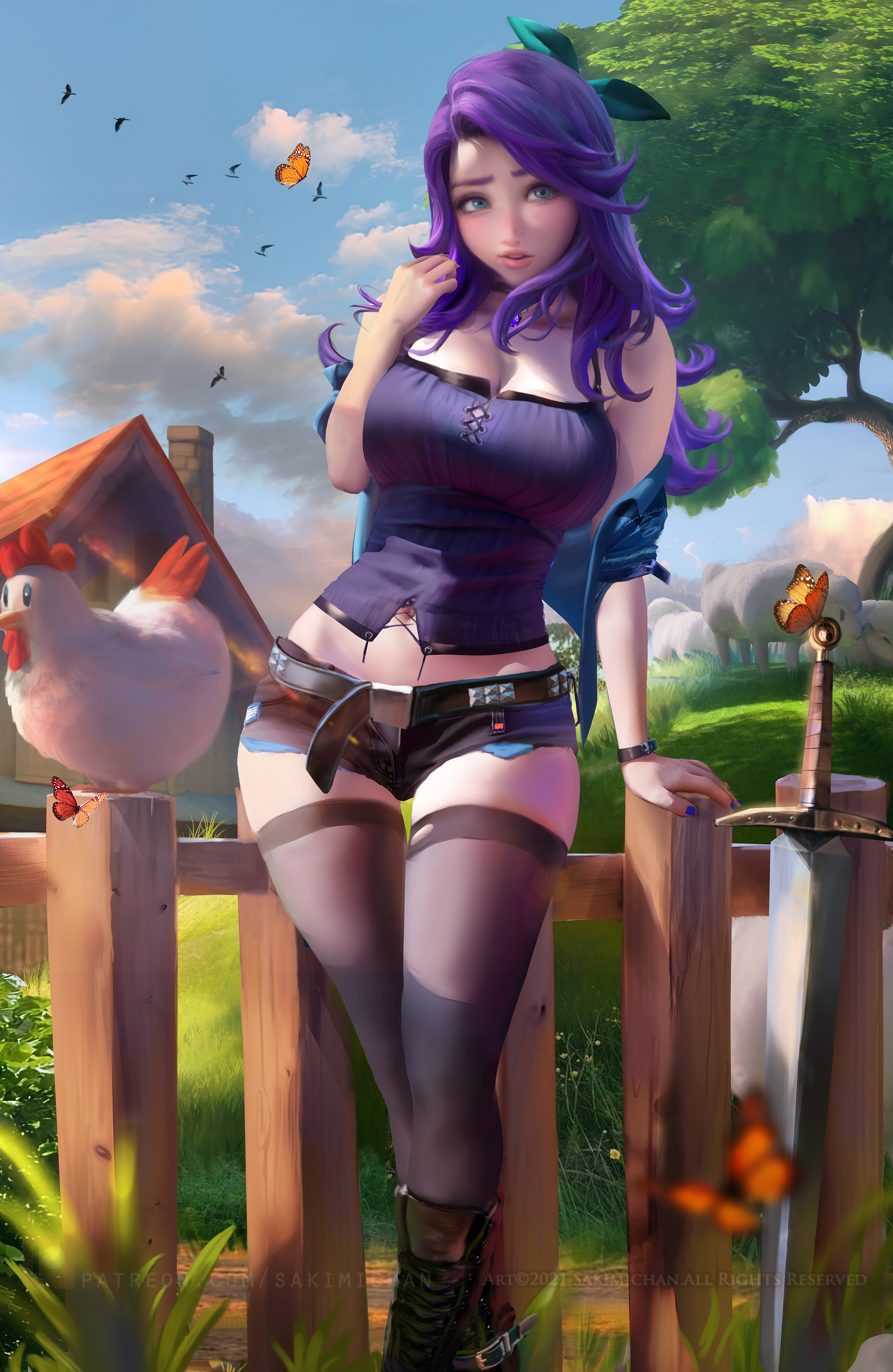 General 2277x3500 Abigail (Stardew Valley) Stardew Valley video games video game girls video game characters artwork drawing fan art fence Sakimichan bare shoulders jean shorts stockings sword portrait display looking at viewer butterfly clouds chickens