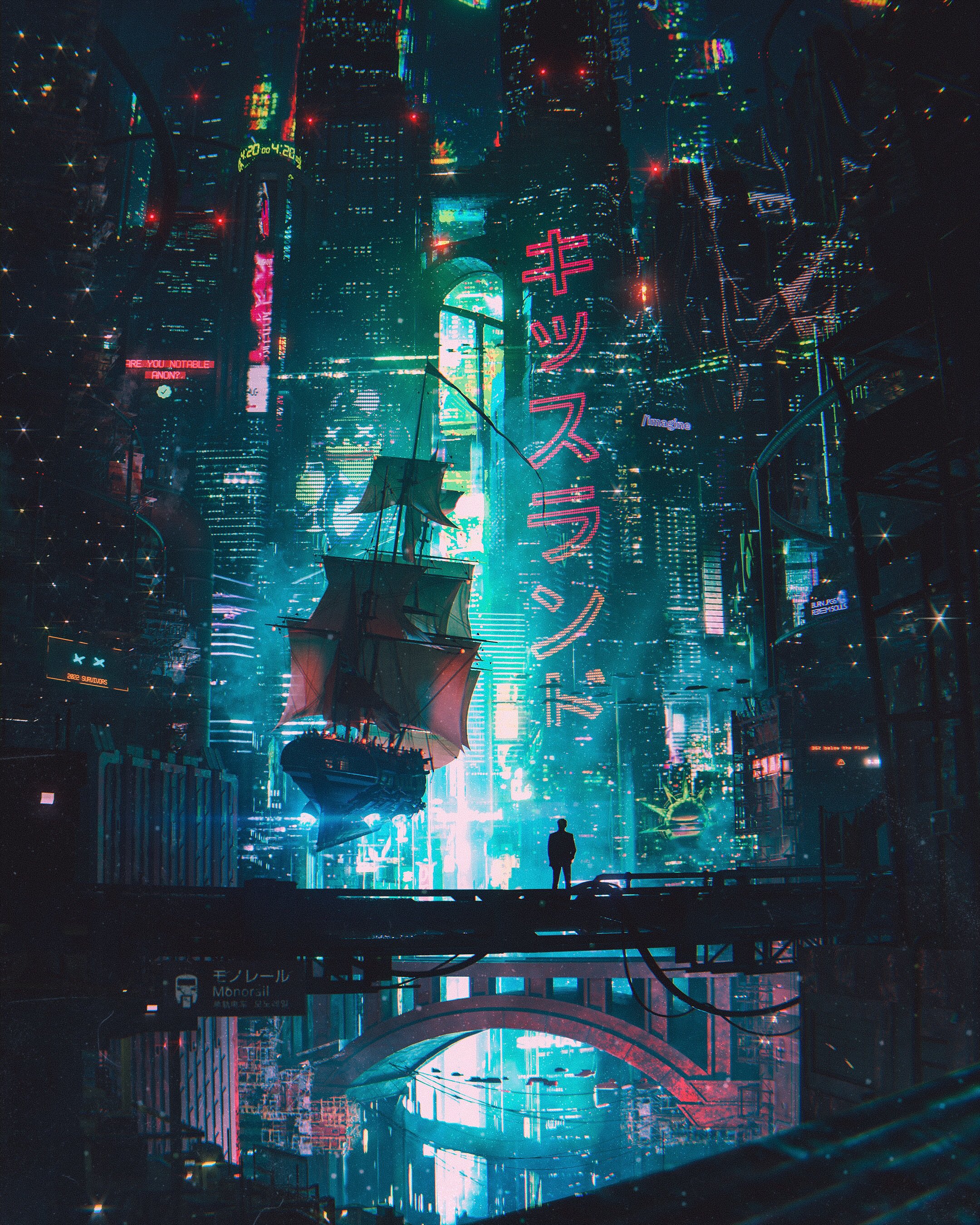 General 2160x2700 city cyberpunk science fiction neon artwork night city lights digital art building Japanese ship bridge portrait display