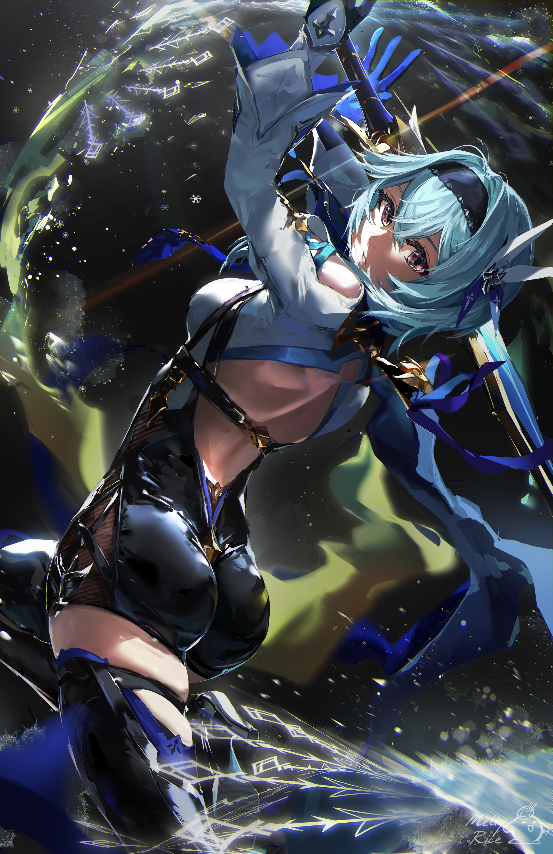 Anime 1815x2805 Meltyrice anime girls portrait display bodysuit Genshin Impact back Eula (Genshin Impact) ice ass looking at viewer rear view blue hair short hair pink eyes hair ornament weapon sword black thigh highs long hair hairband high heeled boots boots gloves looking back looking over shoulder latex stockings snowflakes thighs boobs fighting stance signature
