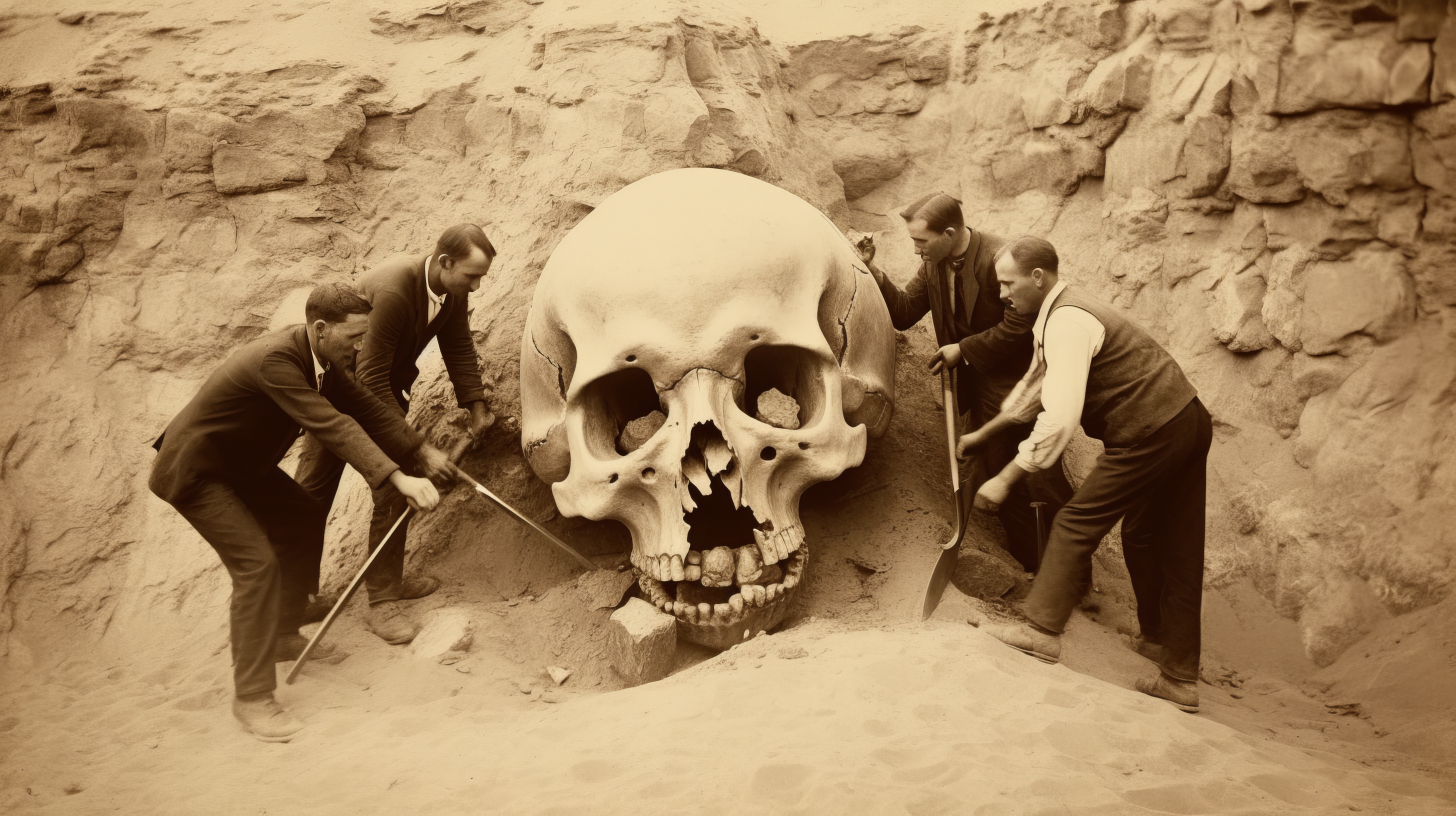 General 2912x1632 AI art giant skull digging sepia suits shovels men