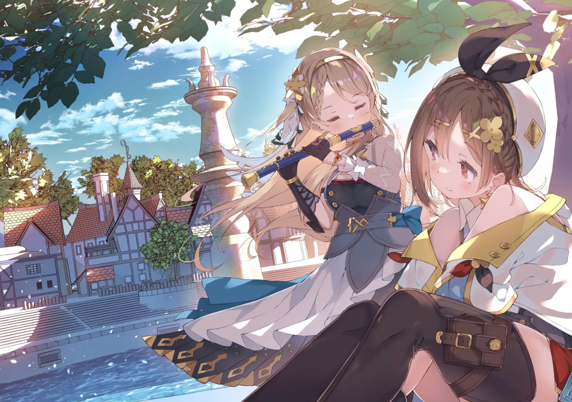 Anime 1856x1305 Atelier Ryza anime anime girls flute leaves water brunette braids smiling gloves clouds sky village