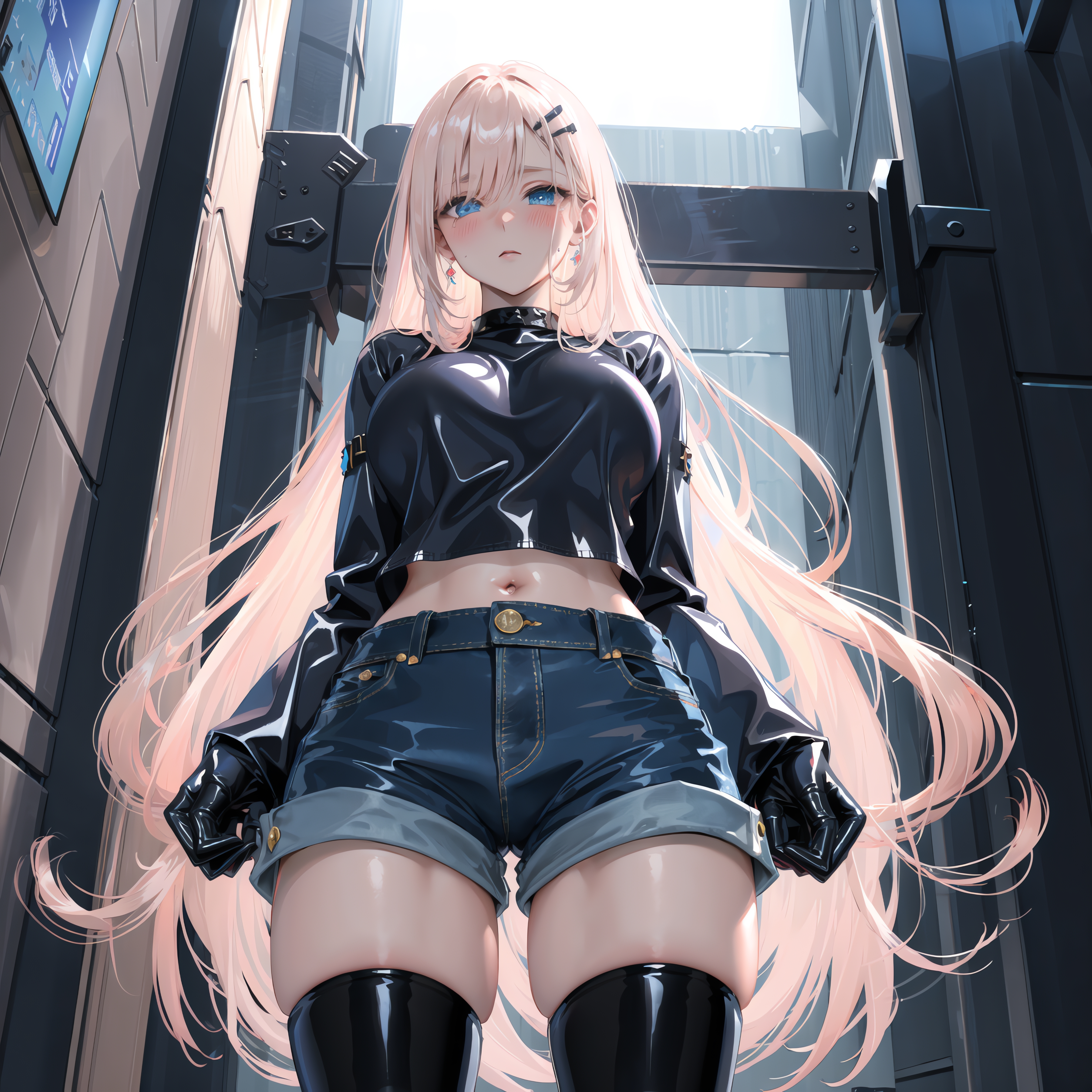 Anime 6144x6144 big boobs anime AI art anime girls looking below blushing long hair belly button looking at viewer blonde low-angle bare midriff gloves latex thighs jean shorts