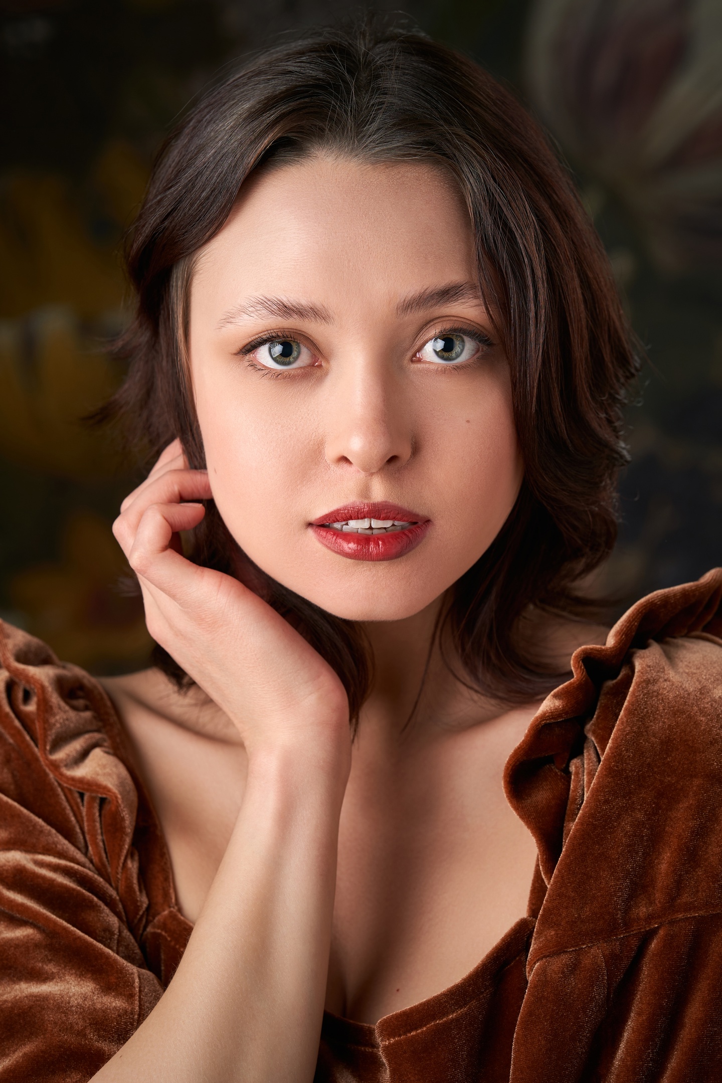 People 1440x2160 Sergey Gorshenin women Maria Mak brunette portrait brown clothing parted lips flowers