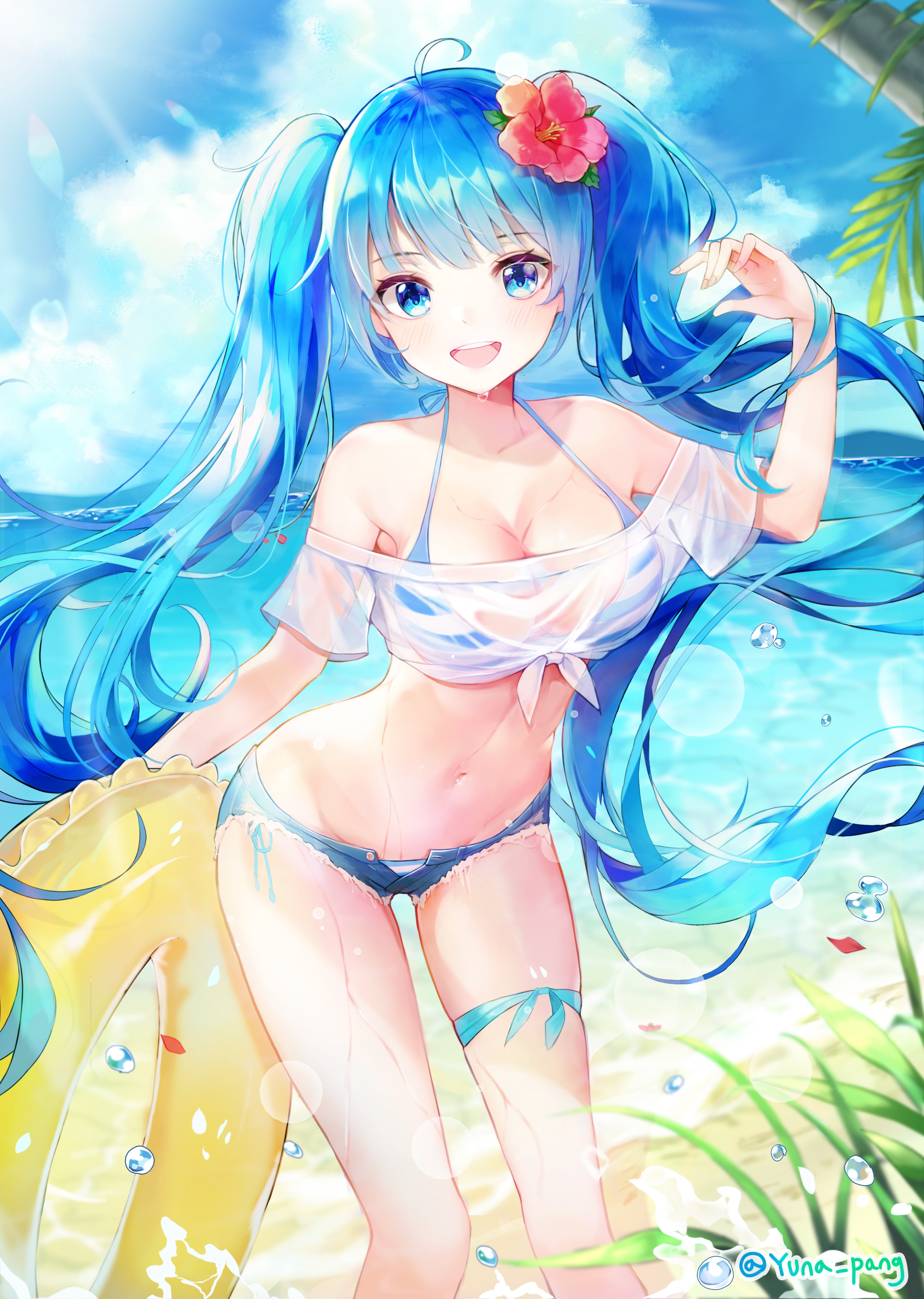 Anime 2913x4096 Yuna Pang Vocaloid anime girls portrait display Hatsune Miku bikini short shorts cleavage long hair blue hair blue eyes smiling open mouth floater jean shorts sunlight flowers looking at viewer flower in hair hibiscus water palm trees water drops beach leaves petals wet wet body frontal view open shorts belly button belly striped bikini sky see-through clothing clouds grass ahoge