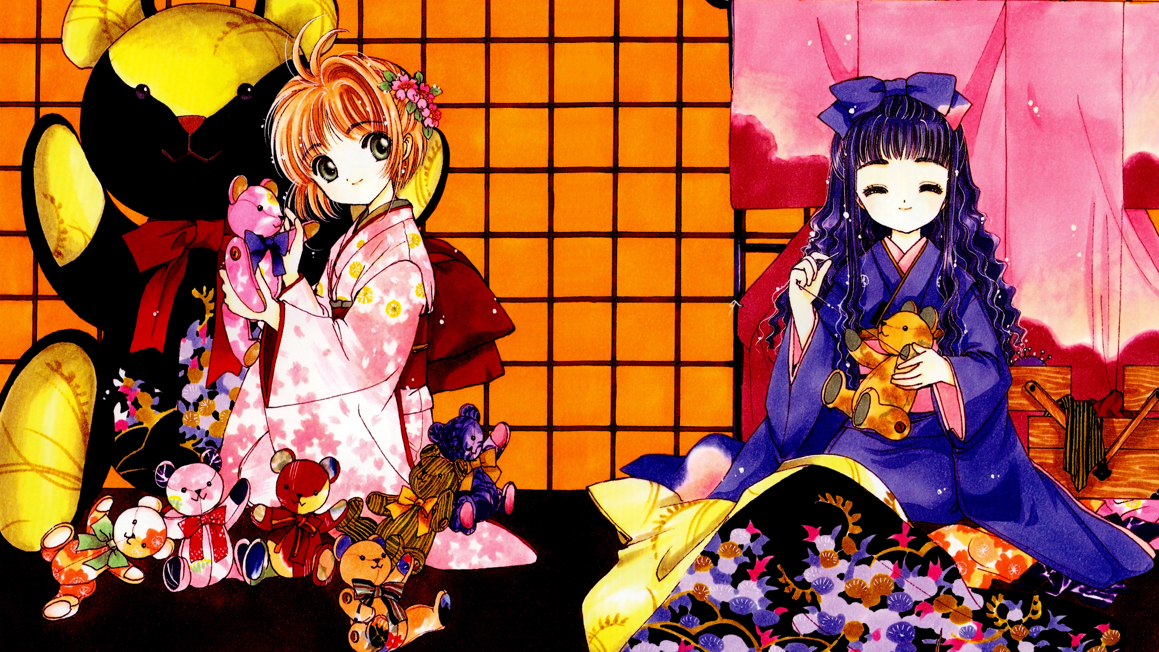 Anime 3840x2160 Cardcaptor Sakura Sakura Kinomoto magical girls anime girls 4K kimono looking at viewer teddy bears flower in hair smiling
