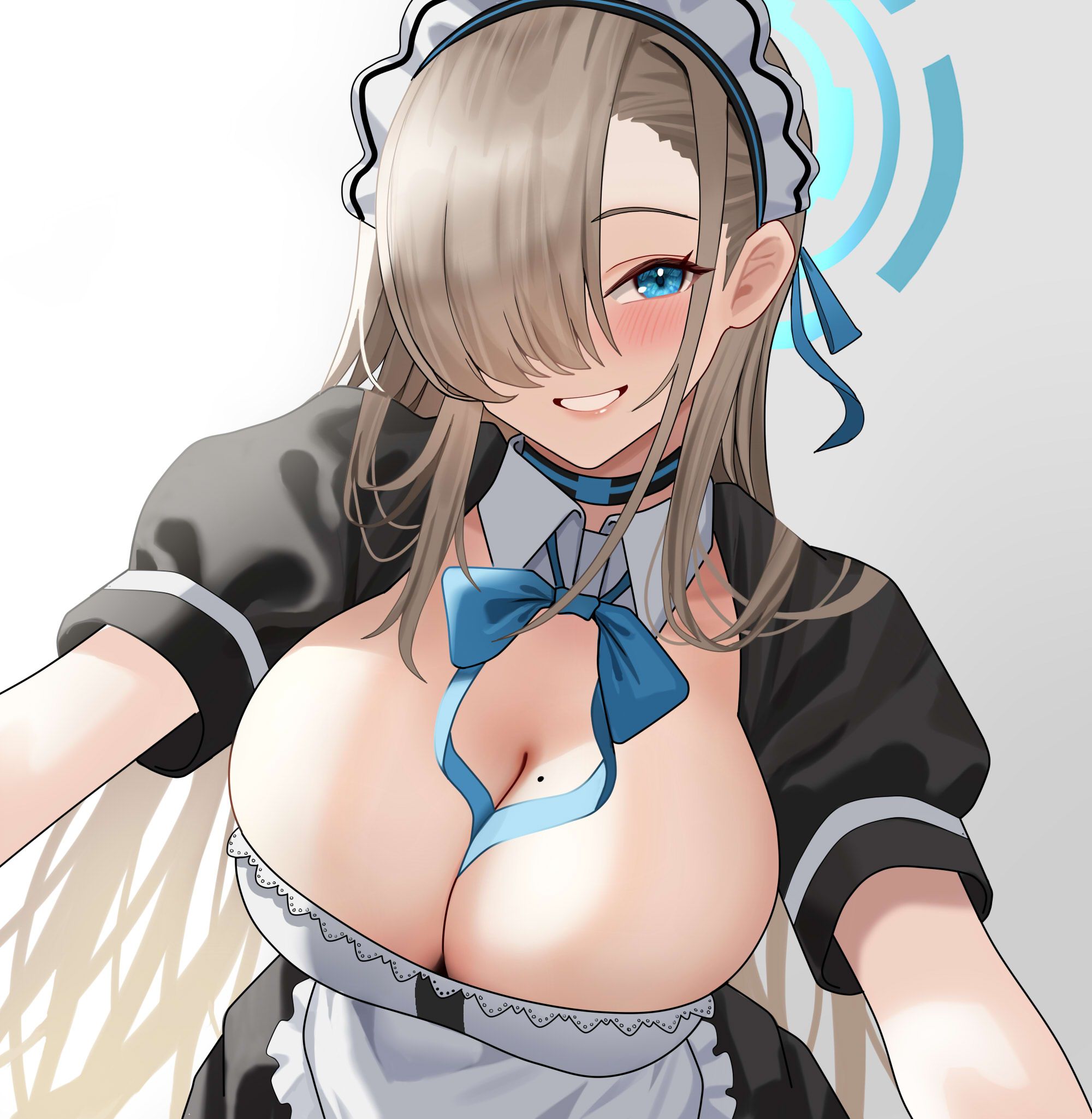 Anime 2000x2050 anime girls Blue Archive maid outfit big boobs Asuna Ichinose portrait display maid hair over one eye cleavage blushing moles mole on breast smiling long hair huge breasts