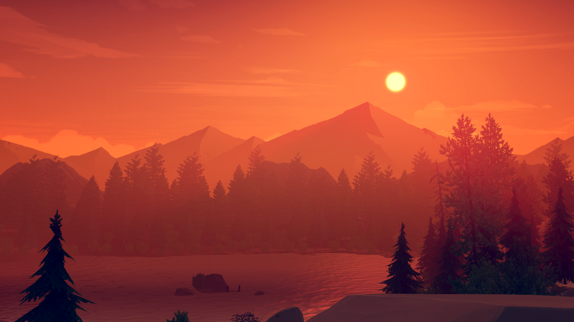 General 1920x1080 fall forest sunset trees mountains water Sun sunset glow nature
