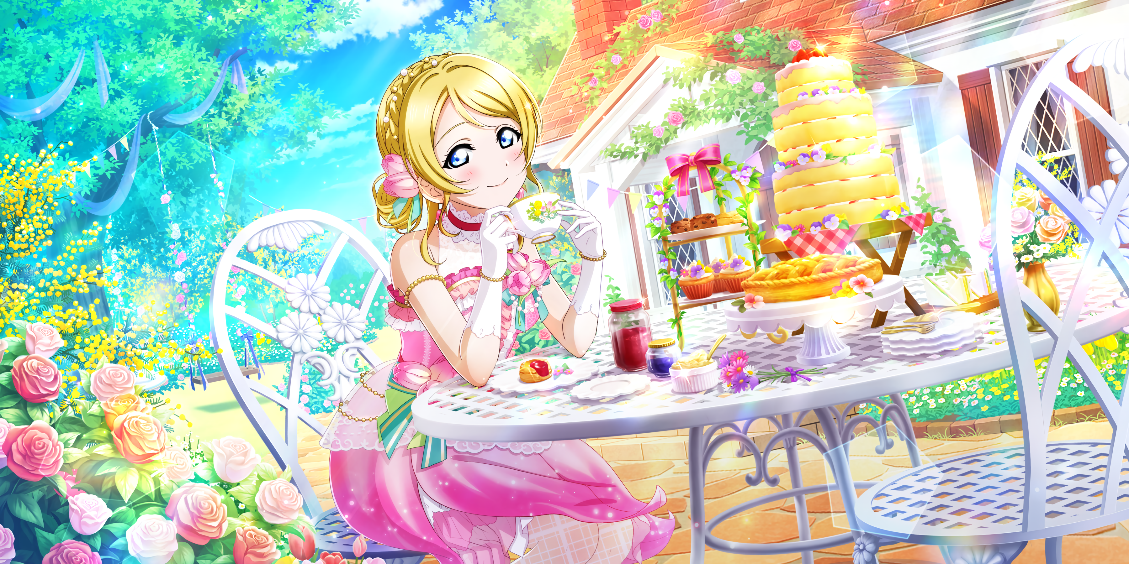 Anime 3600x1800 Ayase Eli Love Live! anime anime girls smiling blushing gloves chair flowers cup sweets cupcakes tea sunlight clouds trees looking at viewer braids dress