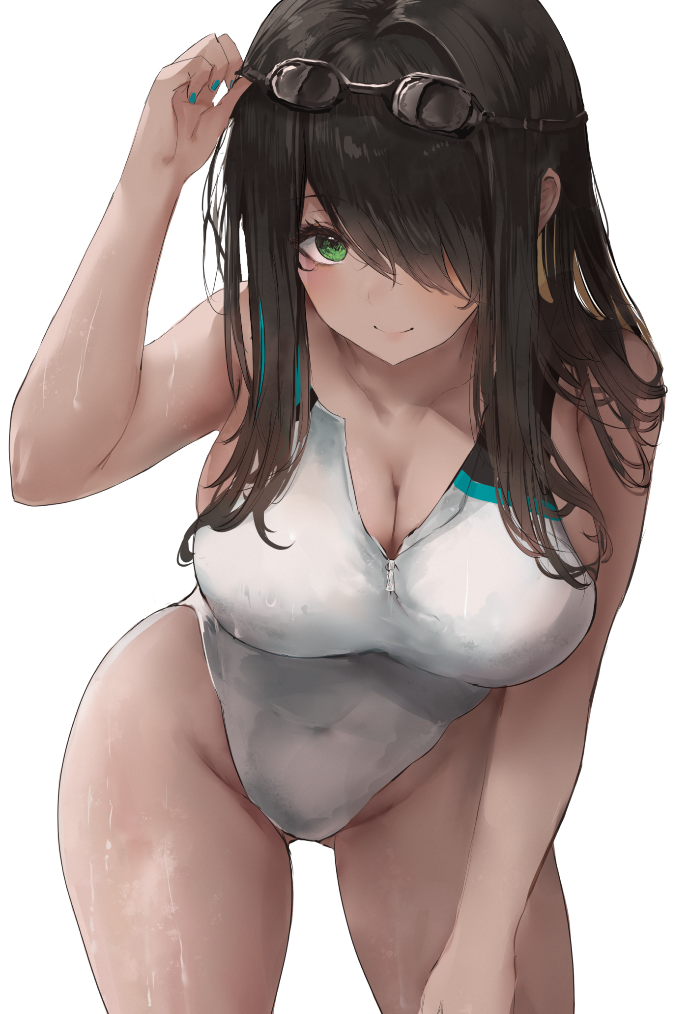 Anime 1404x2063 Liaowen Azur Lane Northampton (Azur Lane) green eyes black hair long hair wet body wet looking at viewer white background smiling simple background dark skin big boobs unzipped goggles swimming goggles bangs portrait display minimalism one-piece swimsuit thighs swimwear two tone hair white swimsuit cleavage hair over one eye blushing bent over
