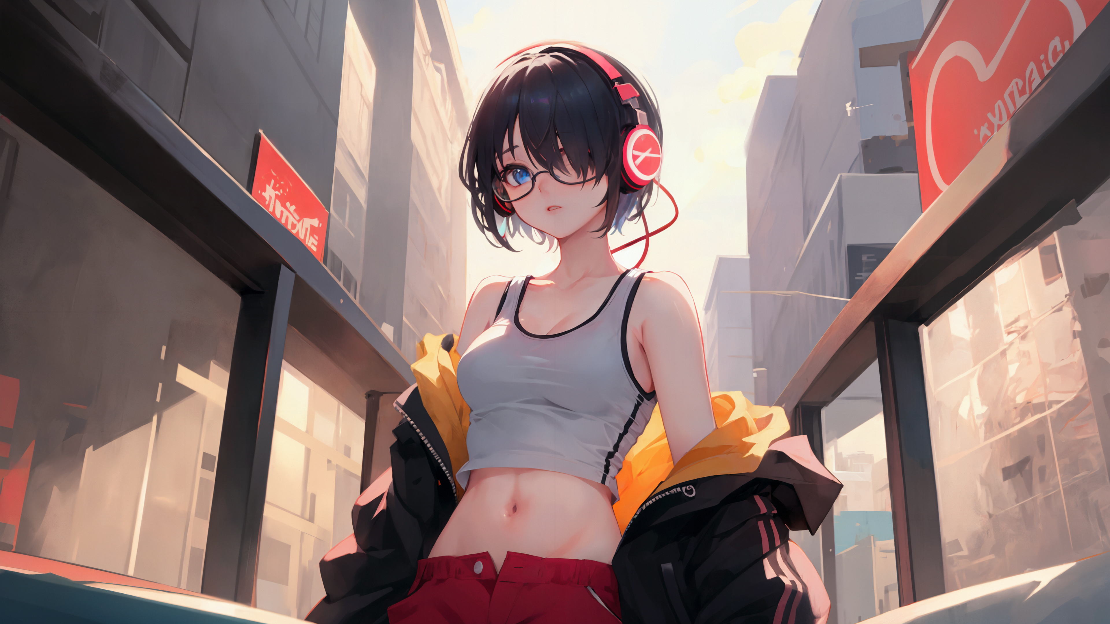 Anime 3840x2160 anime anime girls AI art glasses looking at viewer headphones belly belly button