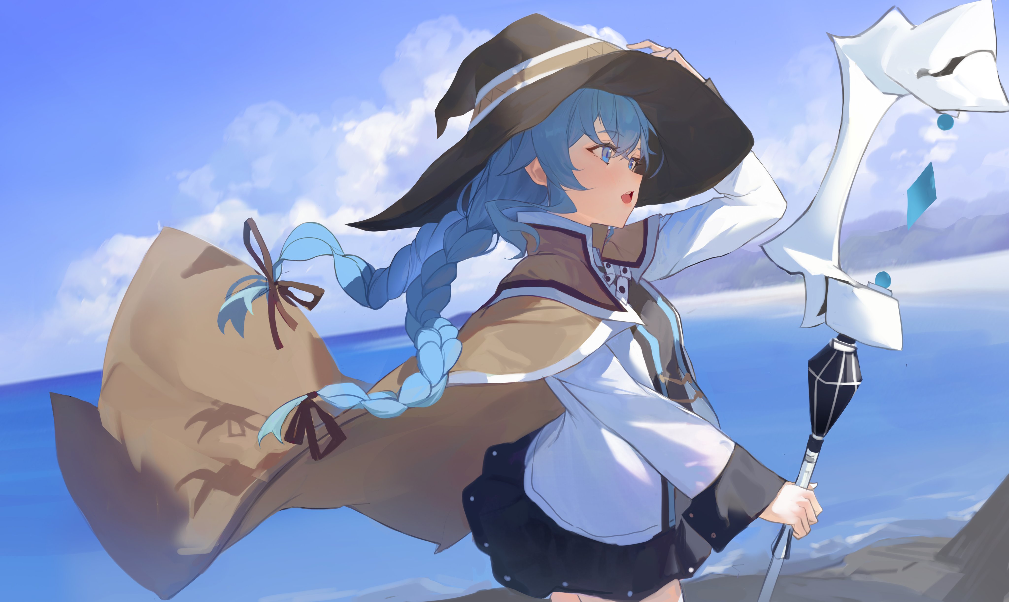 Anime 4096x2444 Roxy Migurdia (Mushoku Tensei) Mushoku Tensei wizard windy anime girls braids water clouds hat wizard's hat blue hair blue eyes twintails