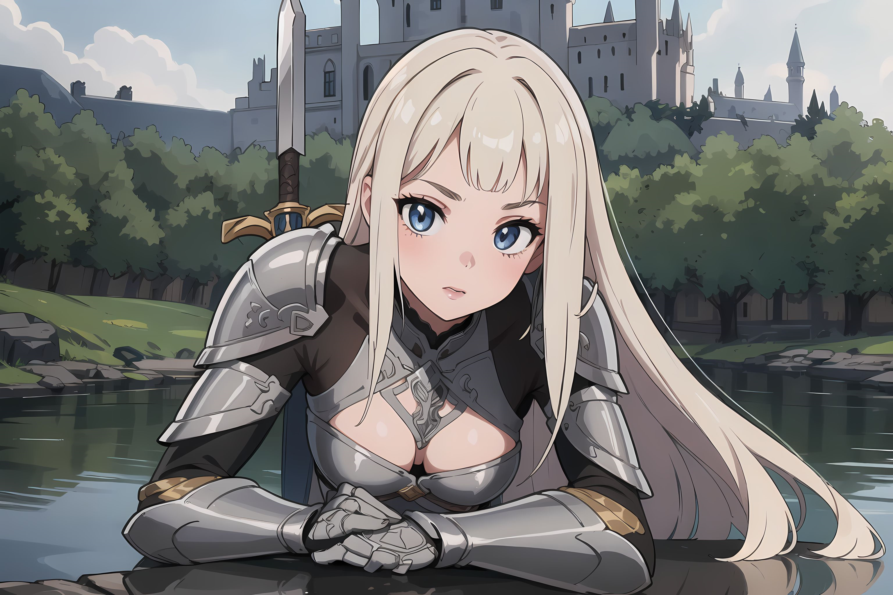Anime 3072x2048 anime girls manga anime games AI art castle neckline color correction video games drink armor cleavage long hair water looking at viewer trees weapon