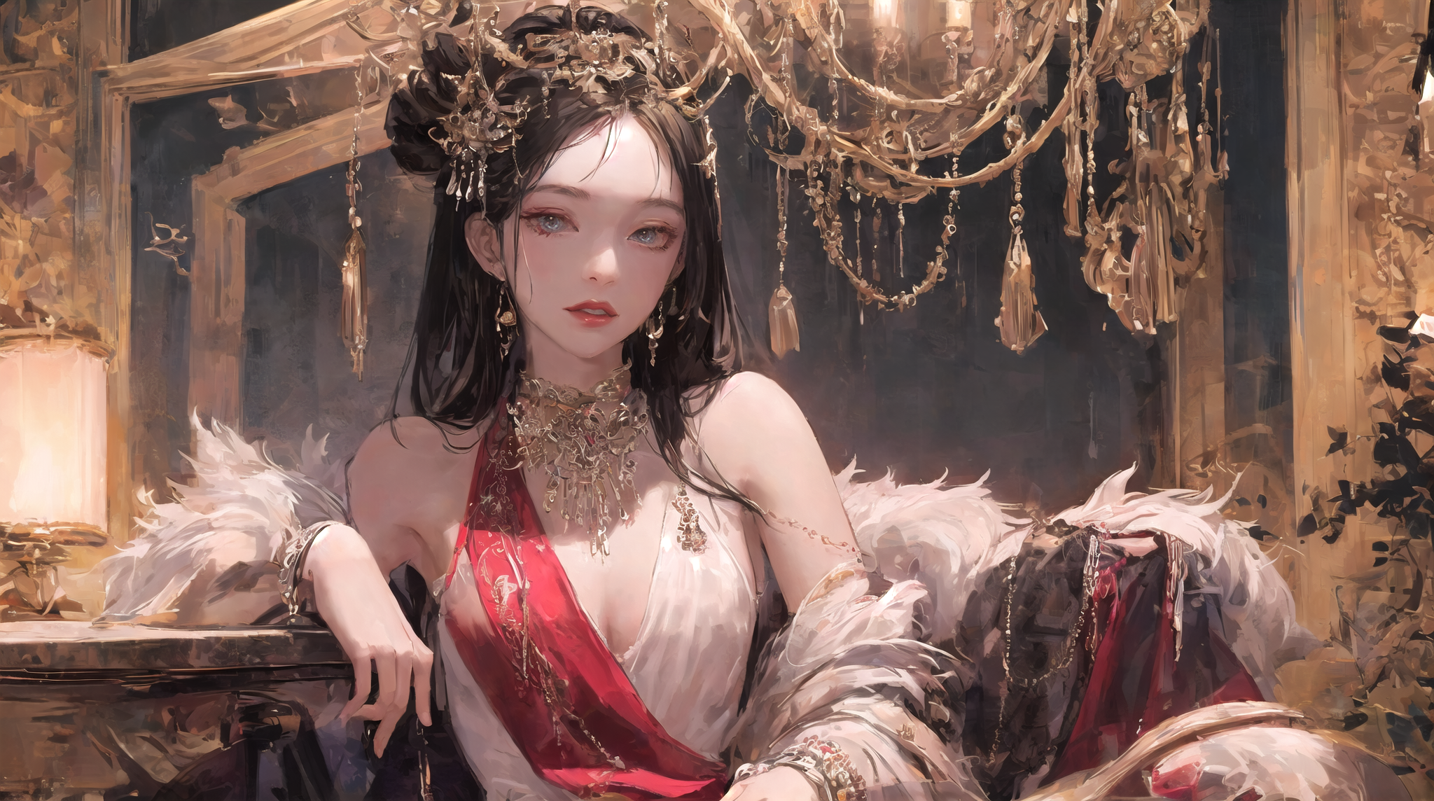 General 2048x1144 fantasy girl Asian AI art Baroque women jewelry earring long hair black hair blue eyes looking at viewer