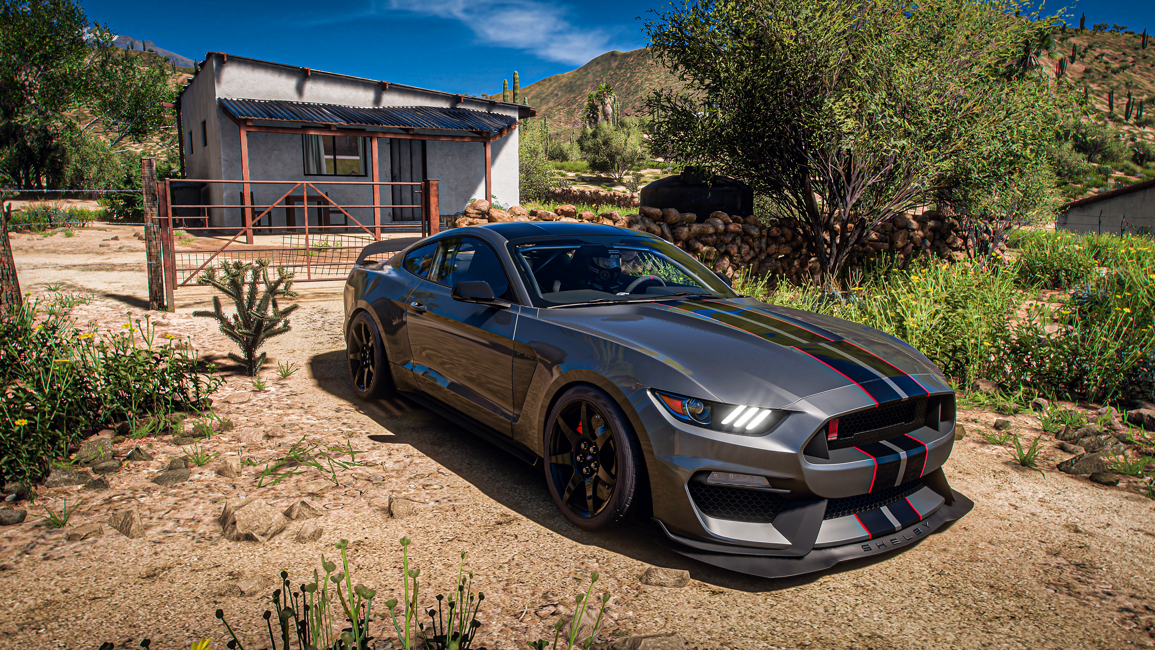 General 3840x2160 Ford Shelby Forza Horizon 5 Forza Forza Horizon drift drift cars vehicle car CGI video games headlights frontal view sky mountains clouds Ford Mustang