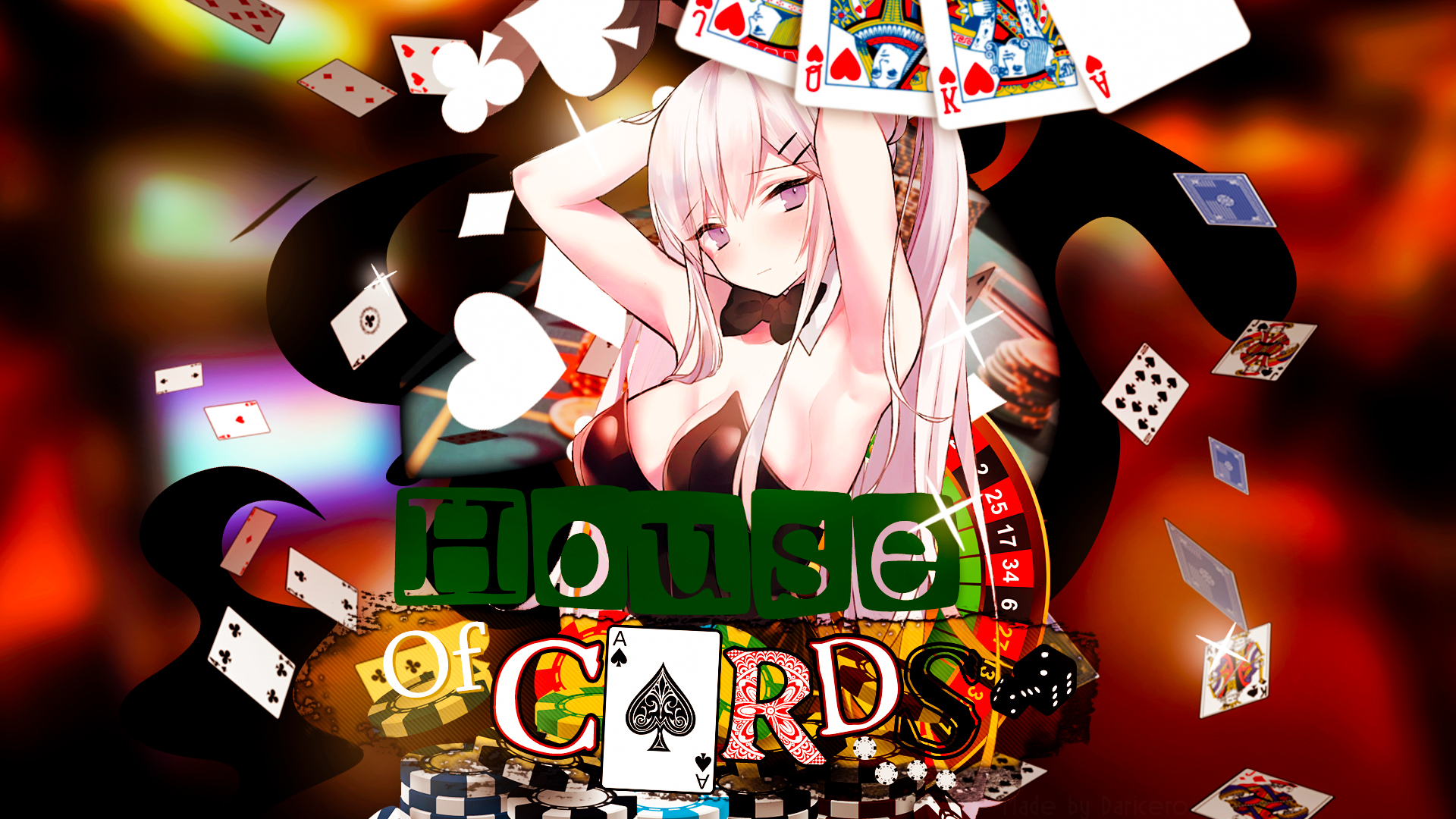 Anime 1920x1080 bunny ears bunny suit anime girls casino cards dice white hair Azur Lane armpits big boobs looking sideways shy poker chips bow tie long hair