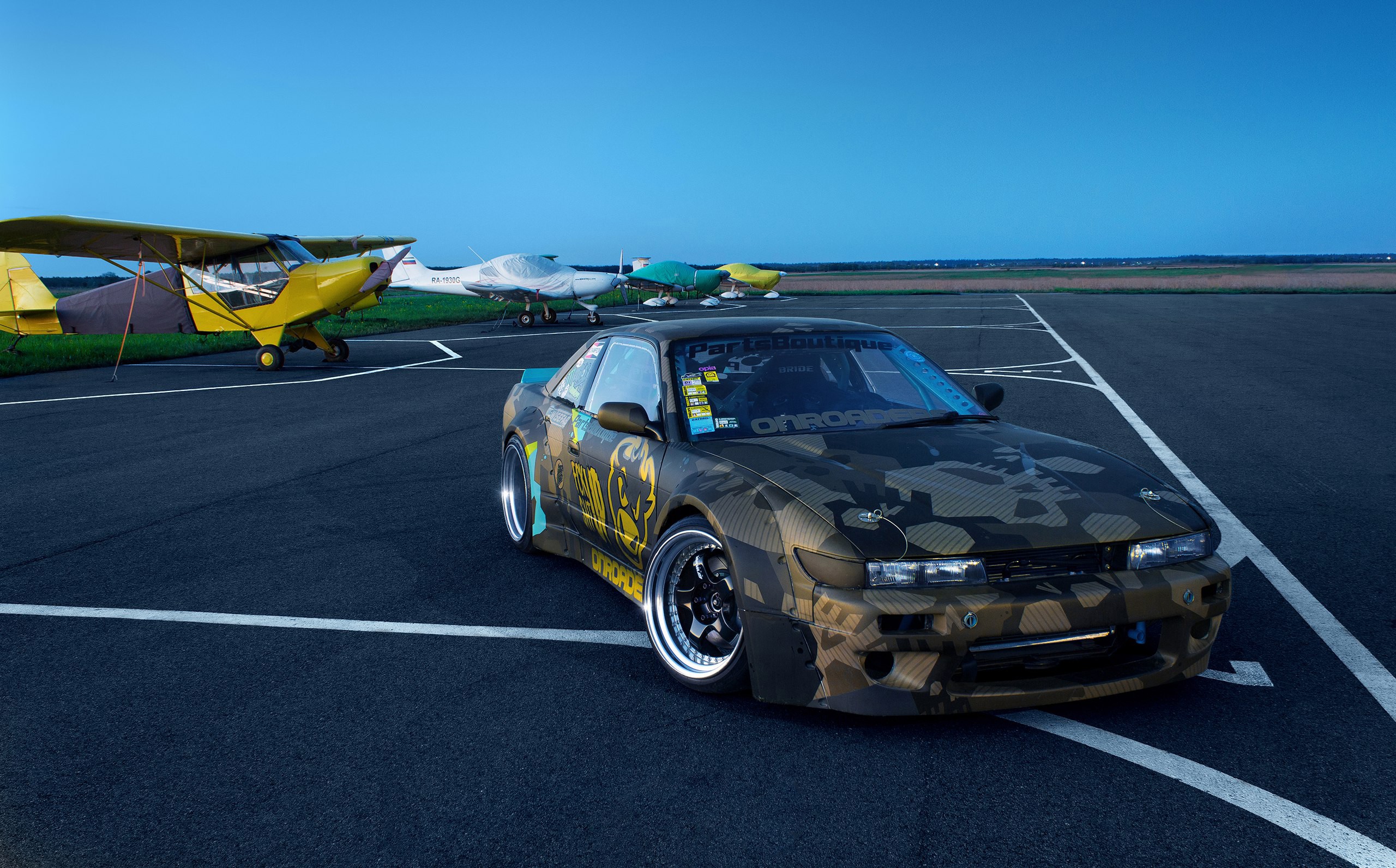 General 2560x1592 Nissan Nissan Silvia Nissan Silvia S13 Japanese cars Norway stance (cars) photography airport airplane evening stars Work Wheels Japan car vehicle aircraft black cars livery