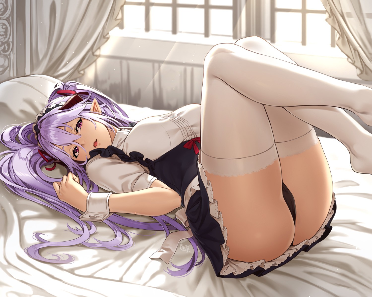 Anime 1500x1200 cameltoe horns Houtengeki maid outfit pointy ears thigh-highs bed twintails purple hair purple eyes legs up