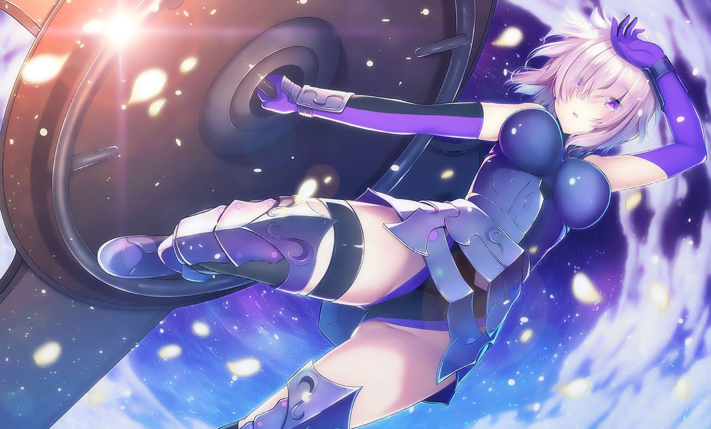 Anime 1400x845 pink hair armor boots clouds elbow gloves Fate/Grand Order Fate series gloves purple eyes short hair thigh-highs Mash Kyrielight