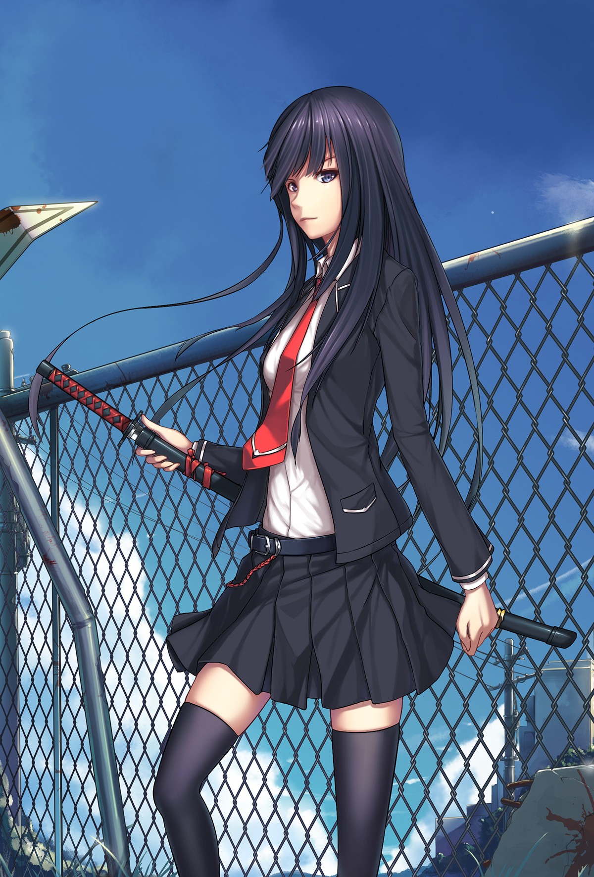 Anime 1200x1771 anime anime girls long hair black hair sword katana stockings skirt blue eyes thigh-highs