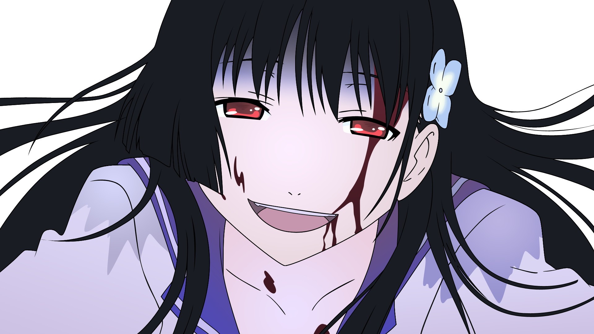 Anime 1920x1080 anime anime girls Sankarea Sanka Rea zombies blood face open mouth white background simple background black hair long hair red eyes closeup flower in hair
