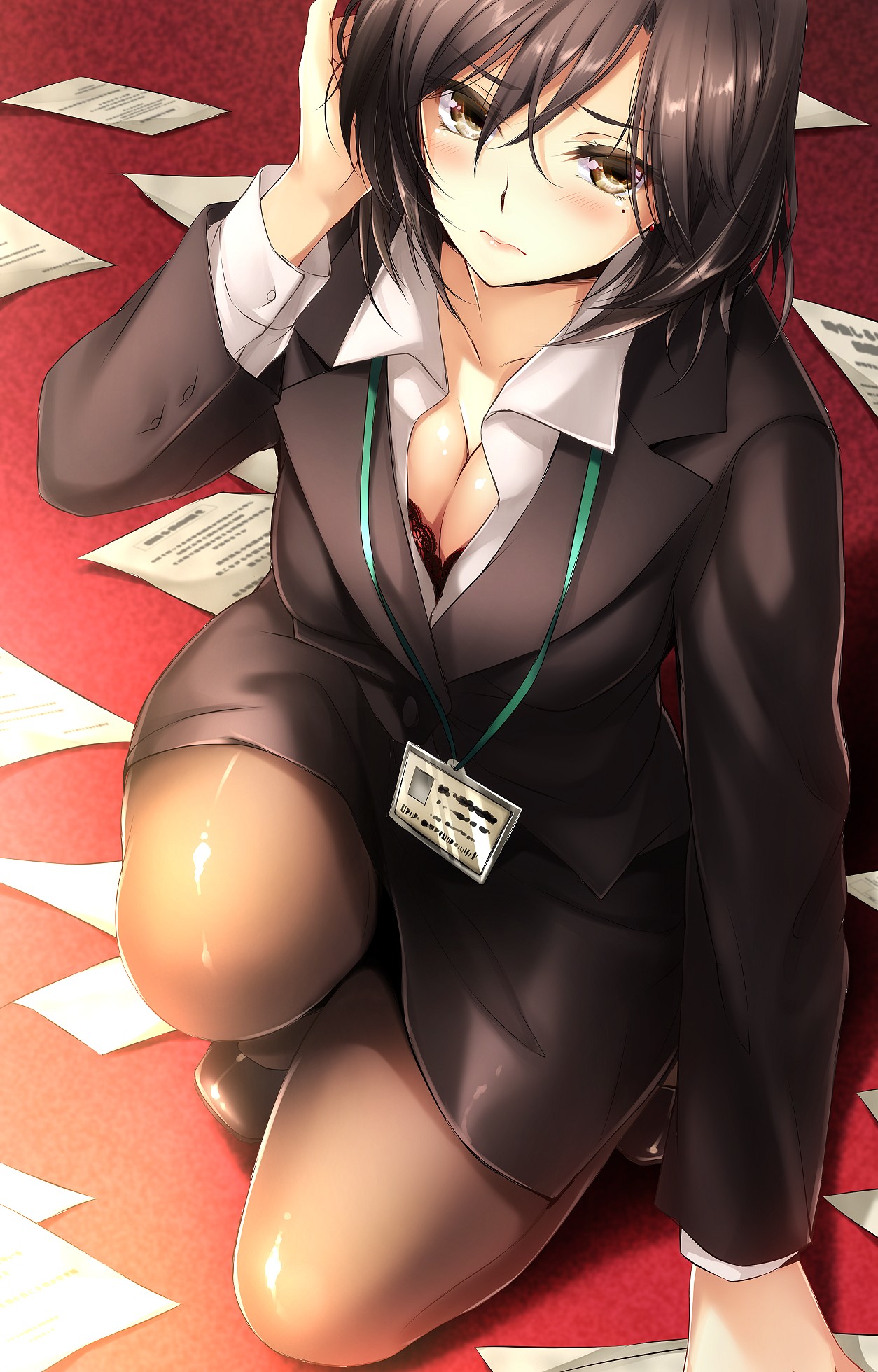 Anime 1254x1960 anime anime girls bra business suit cleavage short hair brunette brown eyes open shirt pantyhose suits blushing Gute-nacht-07