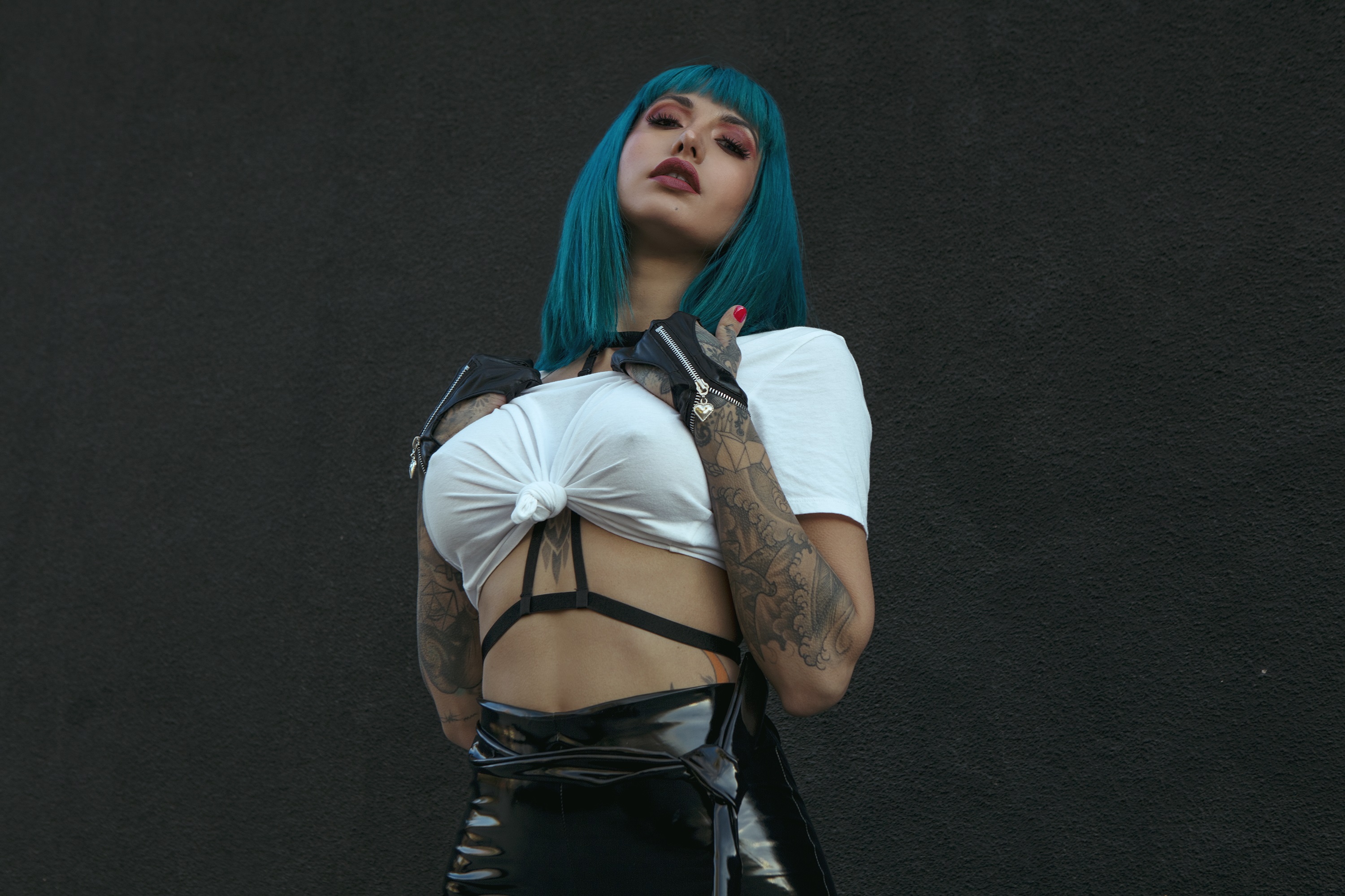 People 3000x2000 Misty Mason women model blue hair tattoo nipples through clothing red lipstick red nails white tops latex gloves inked girls looking at viewer cyan hair fake boobs