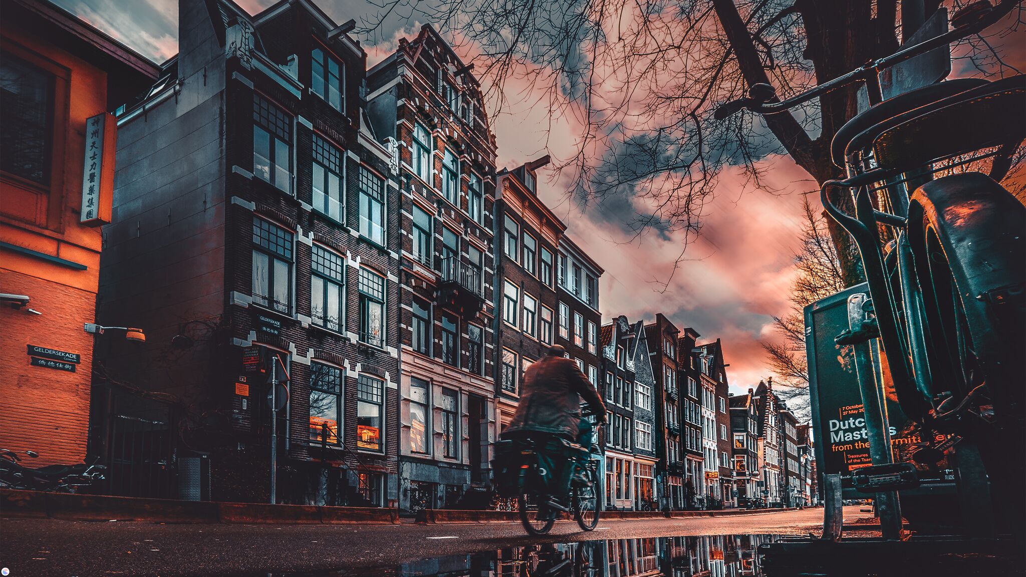 General 2048x1152 cityscape sunset bicycle depth of field building clouds Amsterdam Netherlands