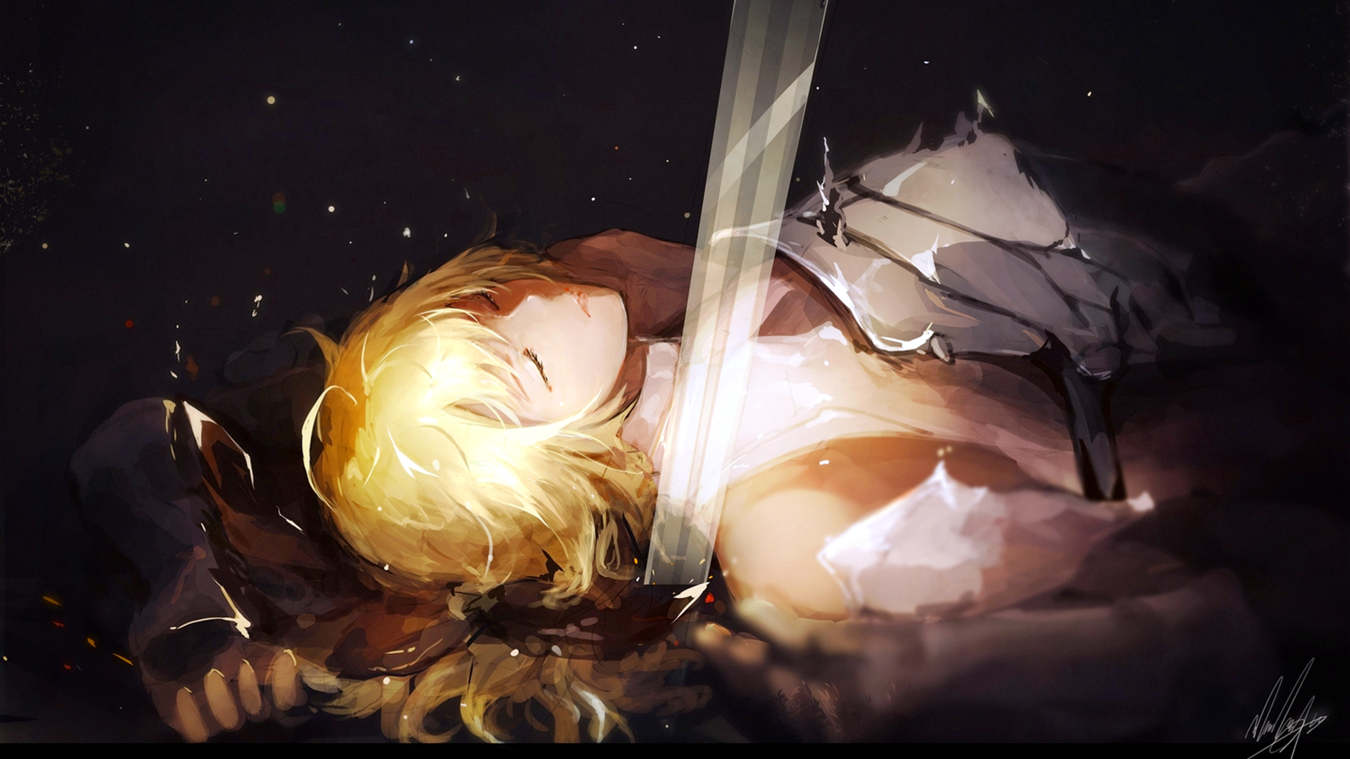 Anime 1920x1080 armor blonde hair   dark background Fate series Fate/Stay Night: Unlimited Blade Works Fate/Zero Saber sword weapon short hair