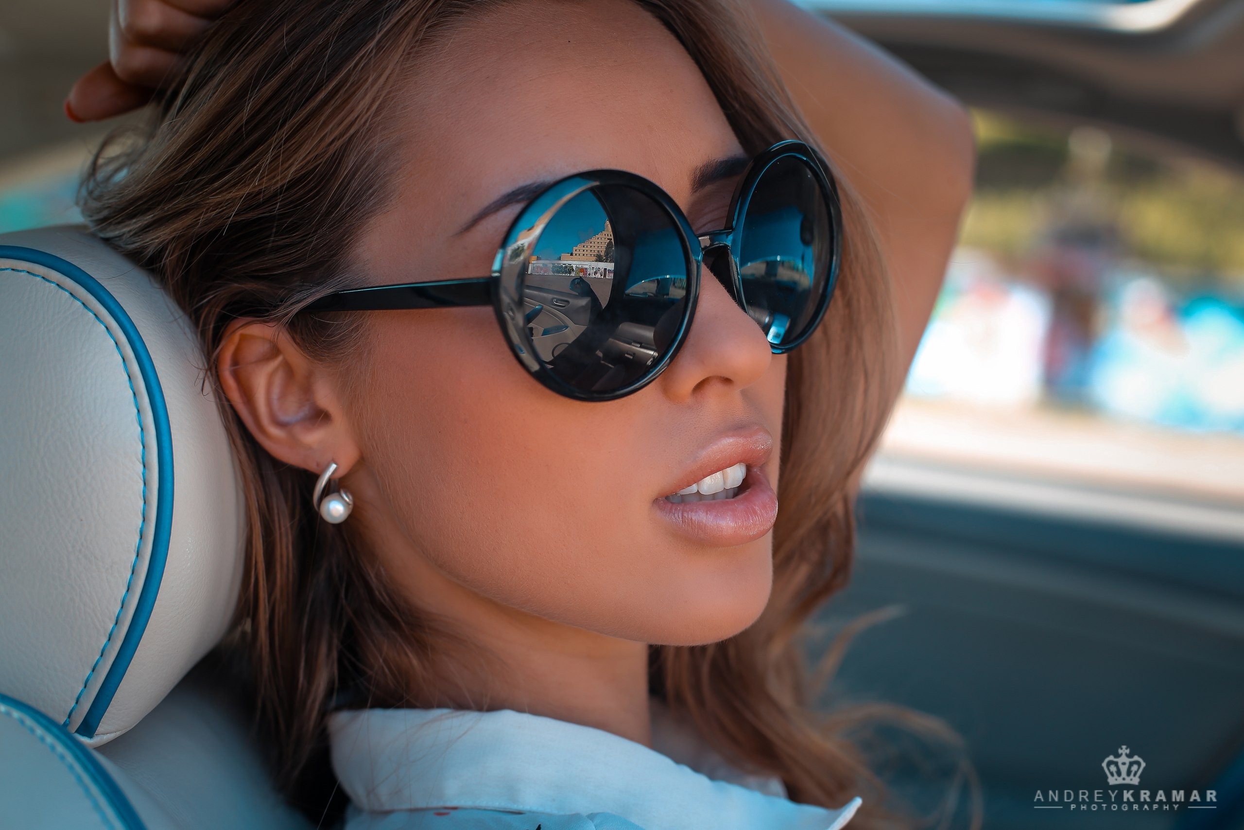 People 2560x1707 women model face portrait brunette women with glasses Andrey Kramar sunglasses Anna-Maria Eglit women with cars car vehicle closeup watermarked earring parted lips