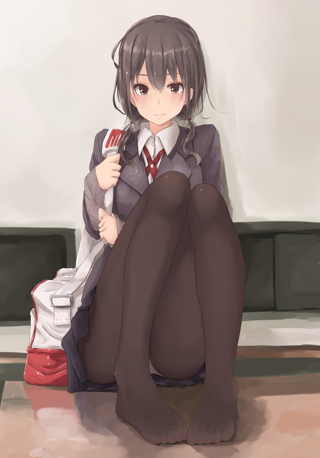 Anime 1123x1607 anime anime girls feet long hair pantyhose thighs together Pixiv women indoors indoors smiling brunette sitting on the floor looking at viewer