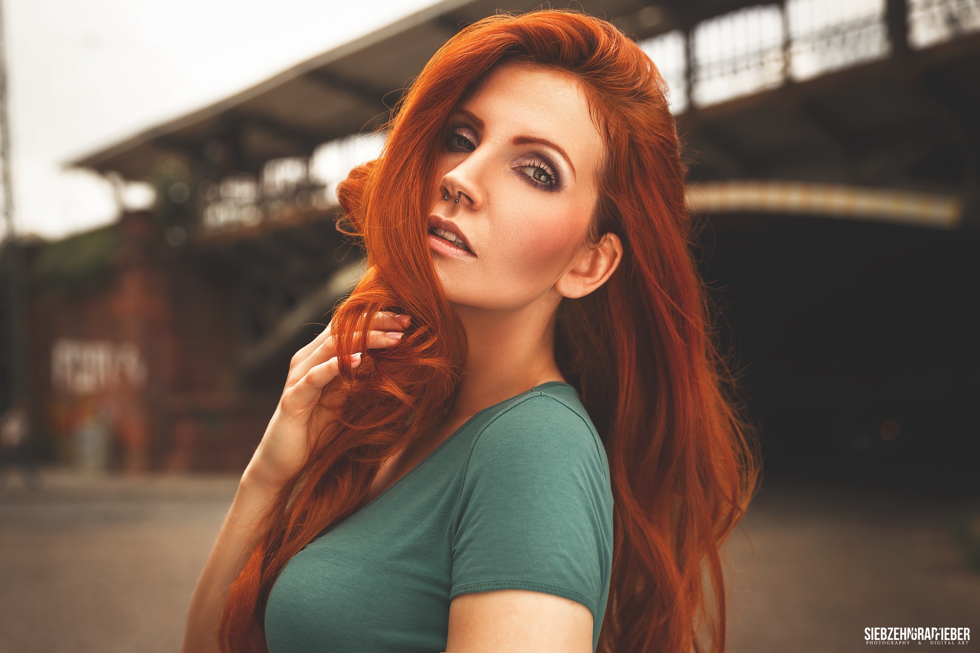 People 1920x1280 women redhead green eyes pierced nose smoky eyes portrait face hair in face Siebzehn Grad Fieber piercing nose ring long hair women outdoors urban model watermarked looking at viewer makeup parted lips