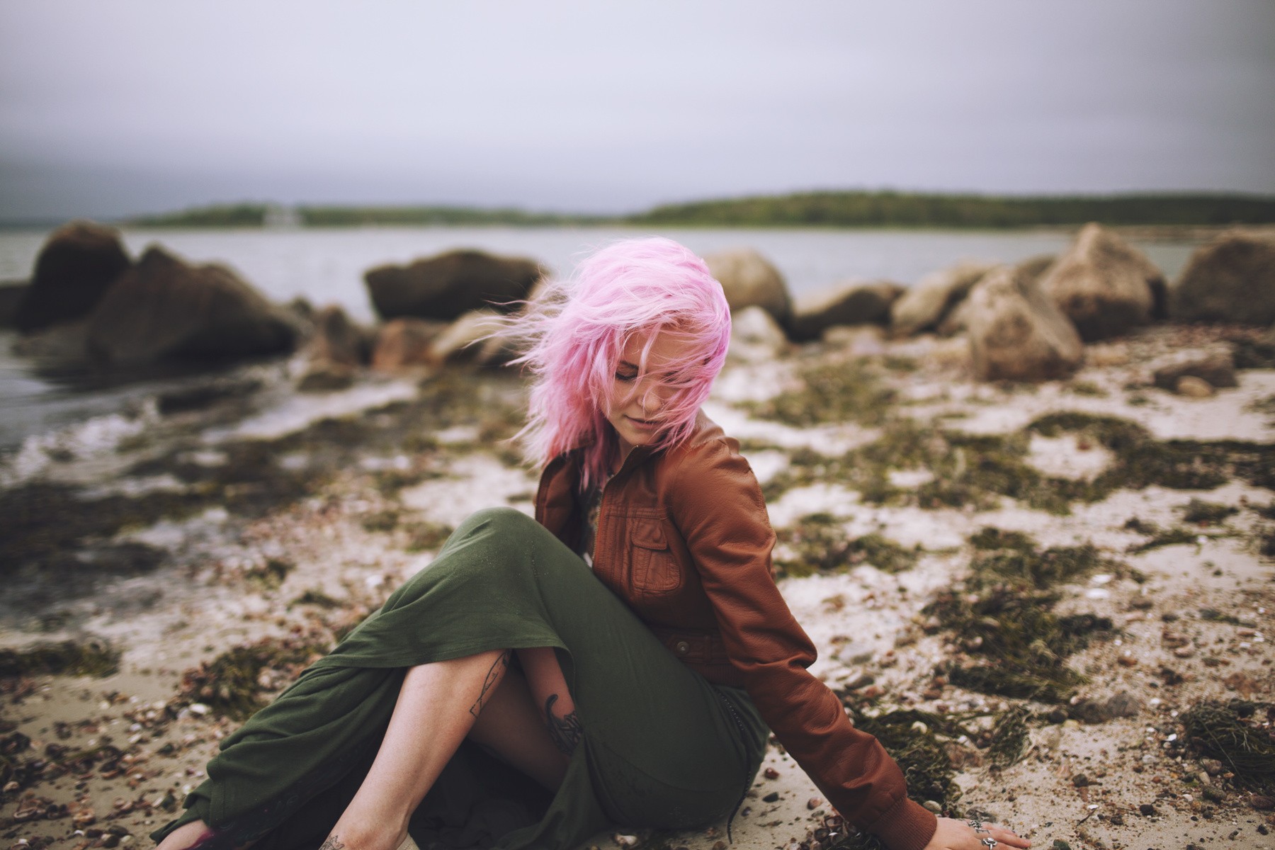 People 1800x1200 women model pink hair dyed hair legs tattoo leather jacket windy closed eyes sitting beach women outdoors skirt long skirt thighs inked girls hair in face