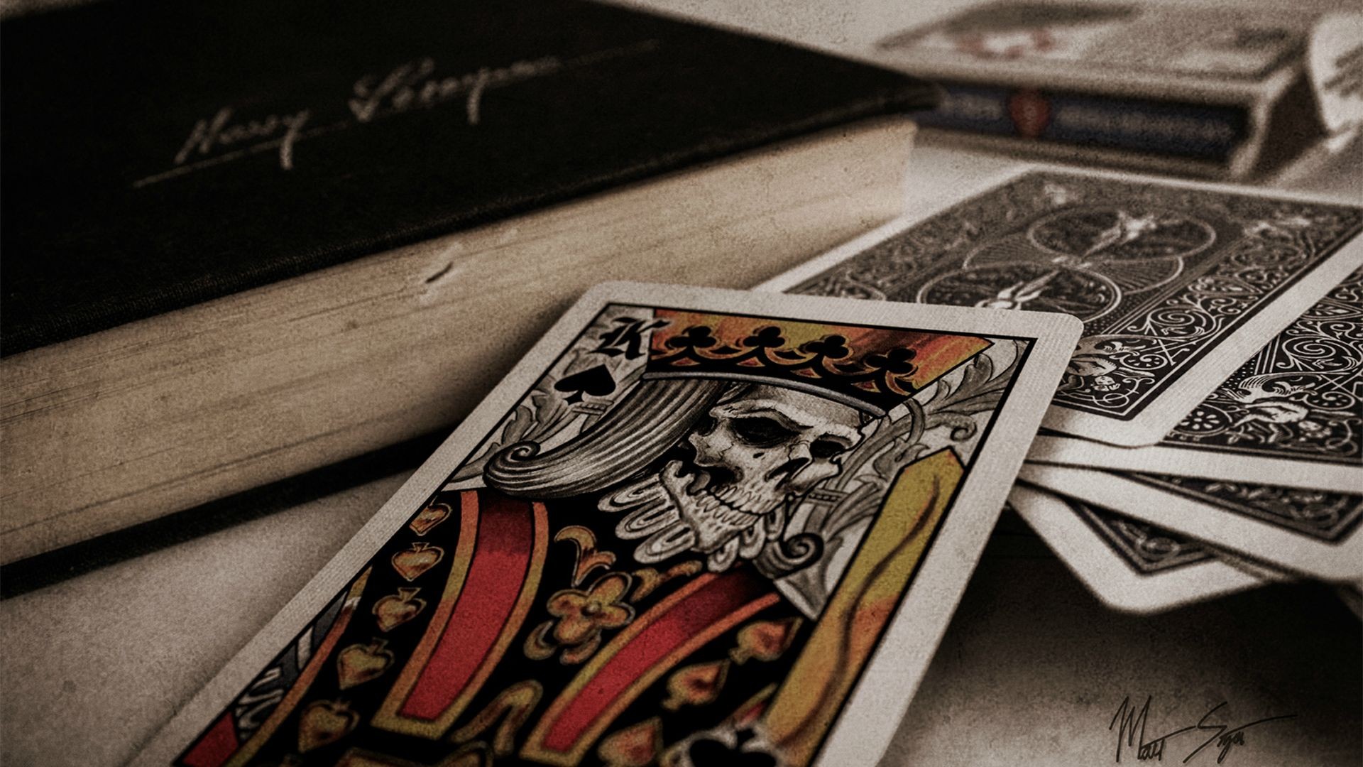 General 1920x1080 cards skull playing cards king closeup books watermarked