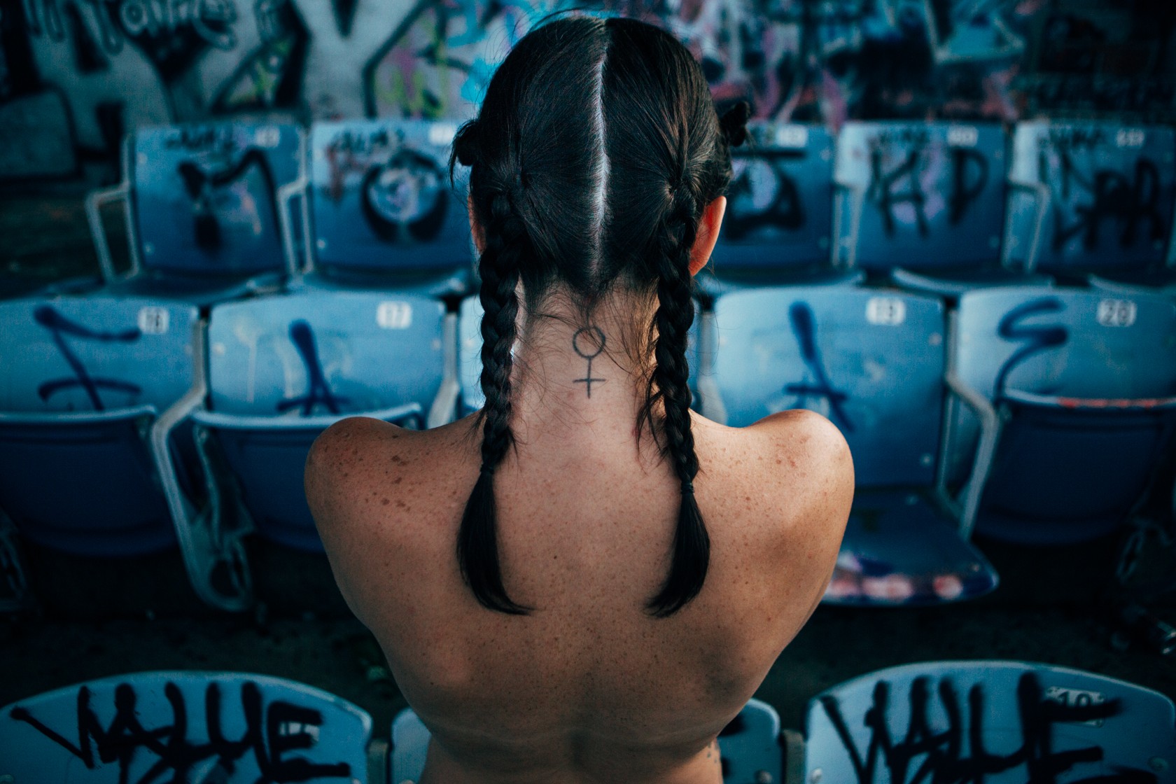 People 1680x1120 women back braids tattoo freckles twintails blue