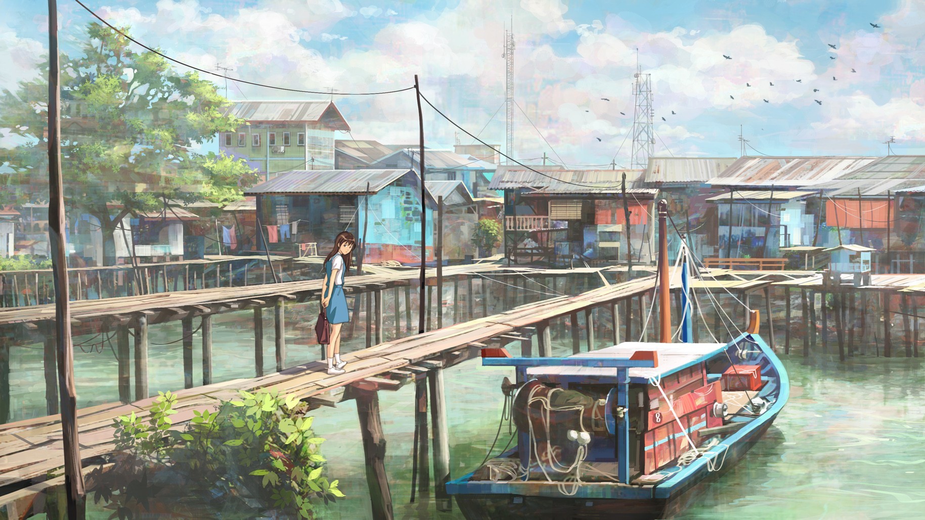 Anime 1829x1029 anime anime girls pier boat vehicle blue dress brunette women outdoors urban water village