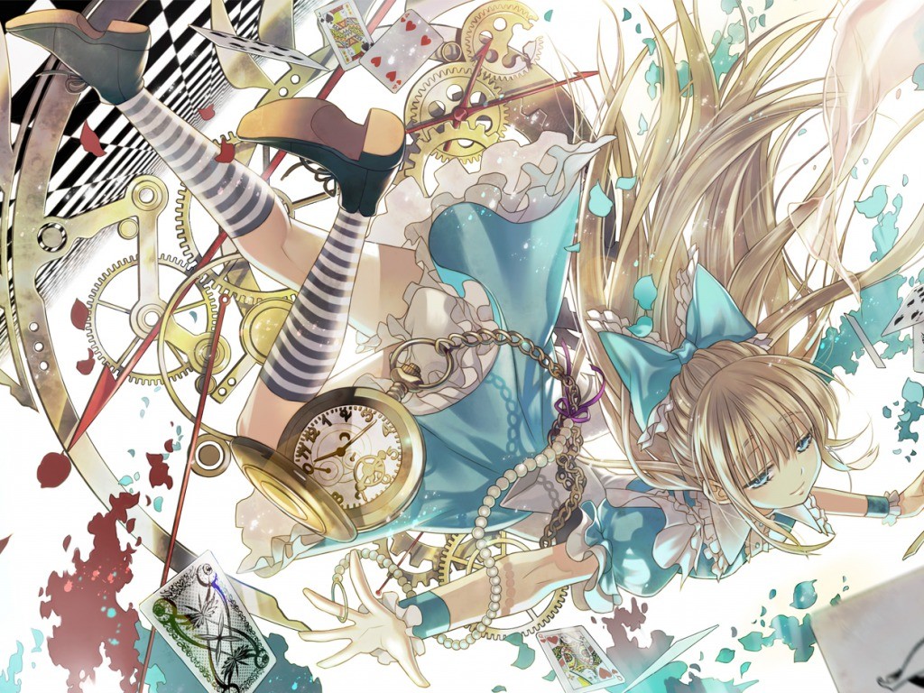 Anime 1024x768 Alice in Wonderland Alice anime girls clocks fantasy girl blonde striped socks long hair Cyan Dress anime