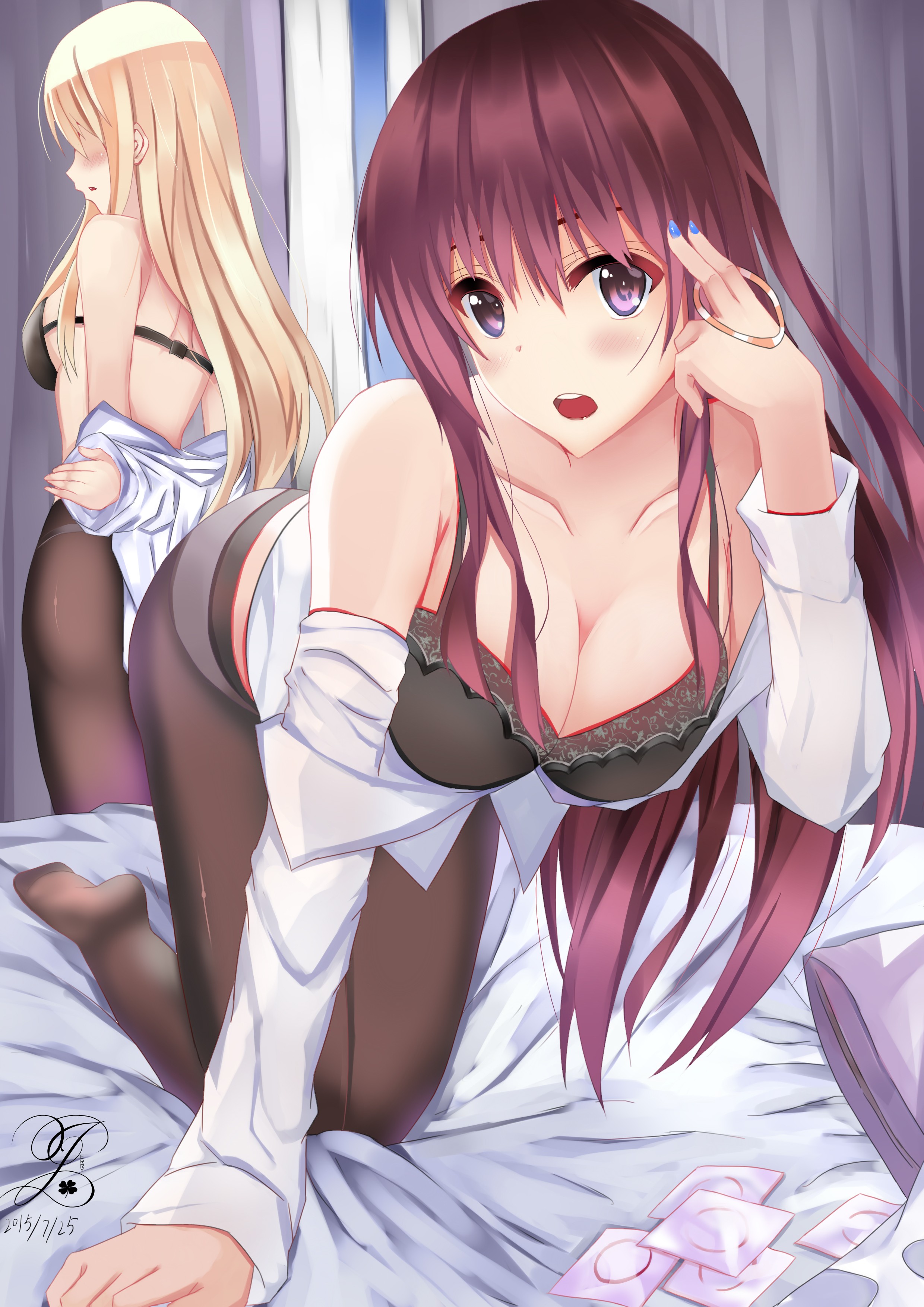 Anime 2480x3507 anime anime girls bed long hair blonde purple eyes undressing bent over cleavage condom pantyhose bra Pixiv boobs redhead looking at viewer blue nails painted nails 2015 (Year)