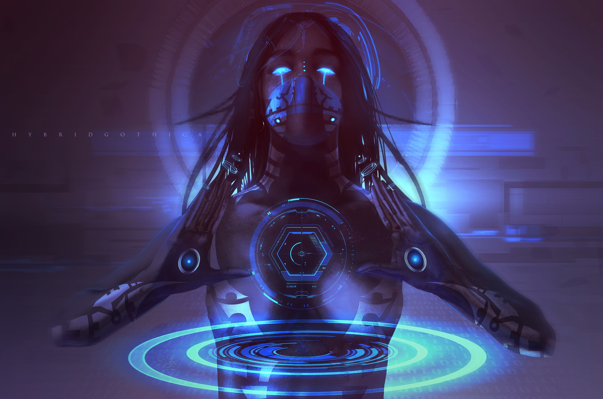 General 1920x1273 futuristic digital art science fiction women machine cyborg glowing eyes black hair long hair