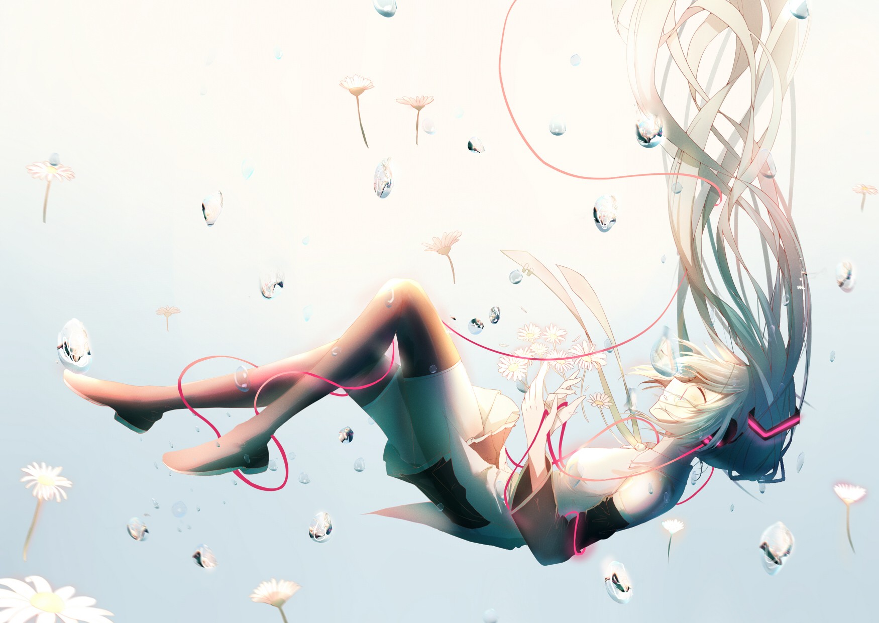 Anime 1750x1240 Vocaloid Hatsune Miku long hair twintails headphones necktie skirt boots underwater bubbles flowers wires anime girls anime falling plants legs closed eyes