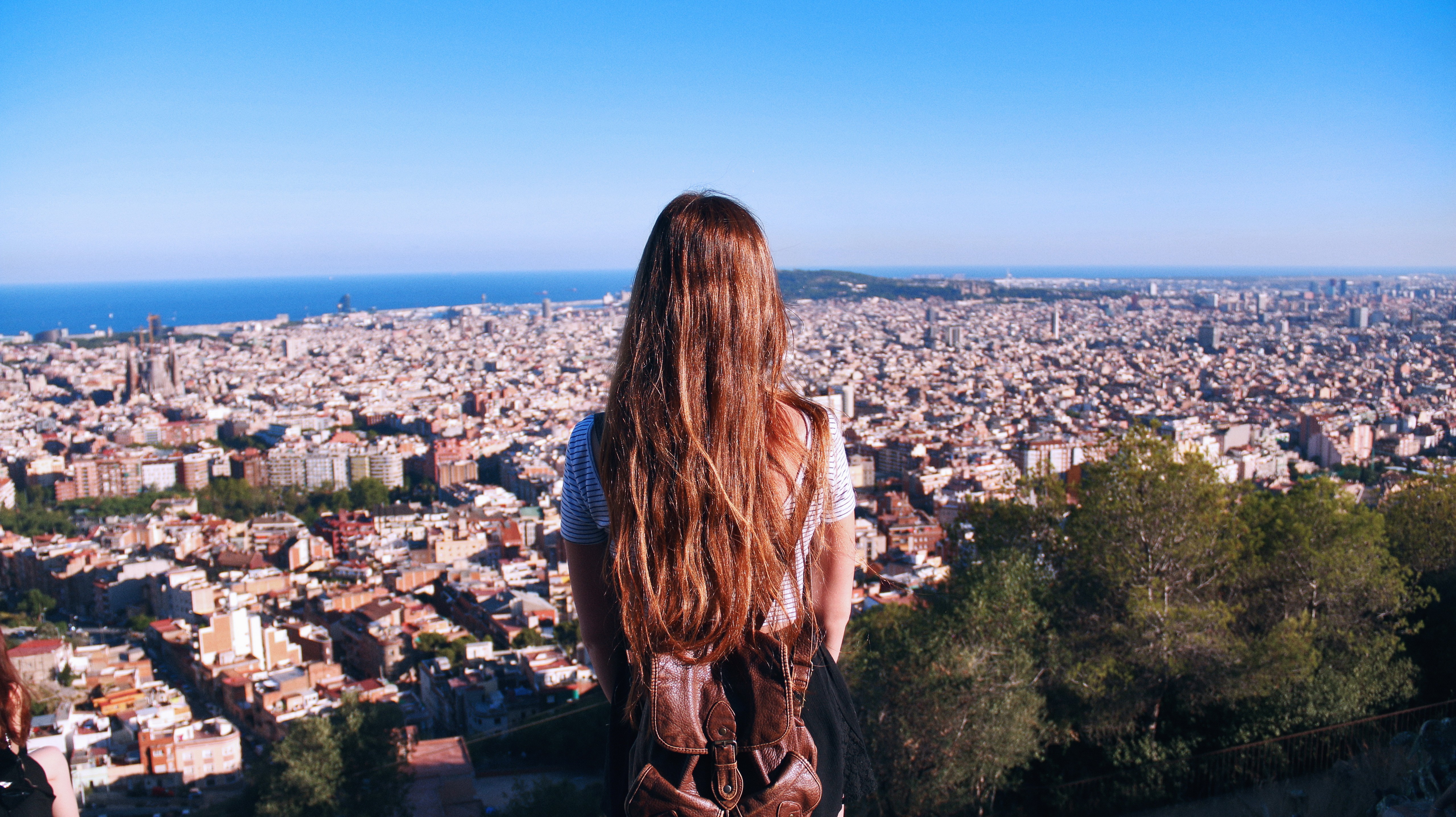 People 5120x2874 Barcelona rear view brunette backpacks long hair women women outdoors cityscape back model sky
