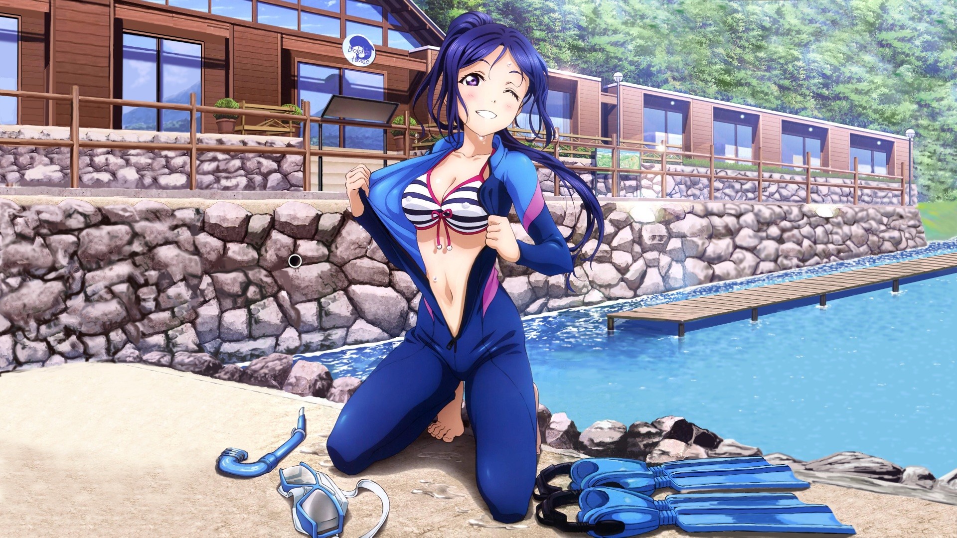 Anime 1920x1080 anime anime girls Love Live! Sunshine Matsuura Kanan bikini top blue hair bodysuit cleavage long hair open shirt purple eyes water boobs nipple bulge